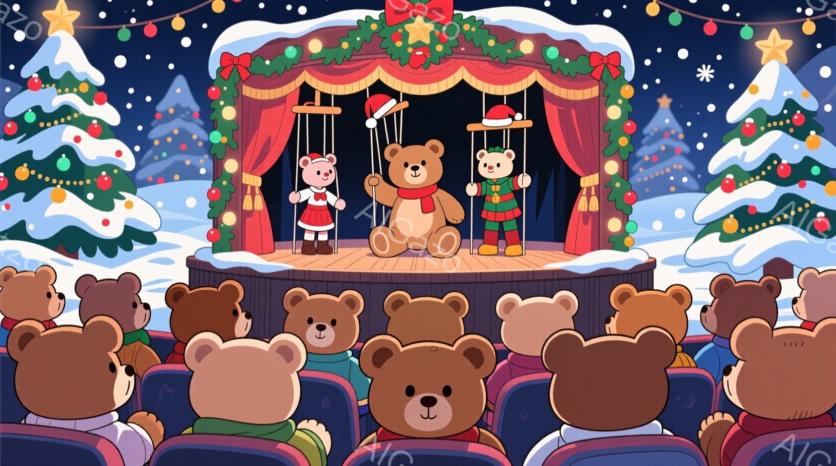 舞台の上では、赤い服を着た女の子と緑色の服を着た男の子が人形劇を行っています。観客席には、様々な色の服を着た多くのクマたちが座っており、皆楽しそうに舞台を見つめています。背景にはクリスマスツリーや雪が降る夜空が描かれており、全体的に暖かく、お祝いムードに満ちた雰囲気です。
