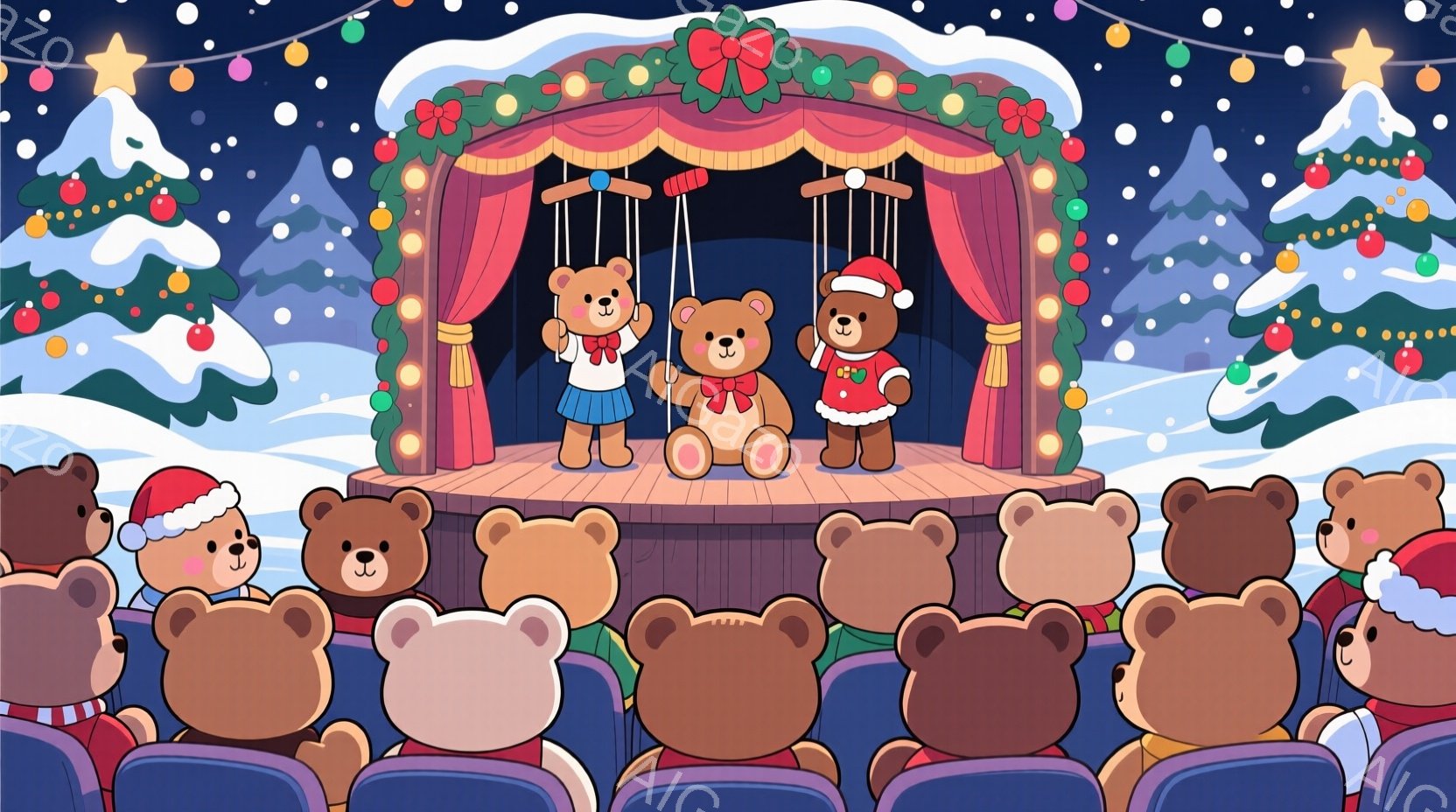 舞台の上には、赤い衣装を着たクマの操り人形が2体立っており、観客席にはサンタ帽子をかぶったクマたちが座って楽しんでいます。背景にはクリスマスツリーが飾られ、雪が舞う夜の雰囲気で、会場全体が温かく、楽しいクリスマスのイベントのようです。クマたちは皆、前を向いて笑顔でパフォーマンスを鑑賞しており、幸せな光景が広がっています。