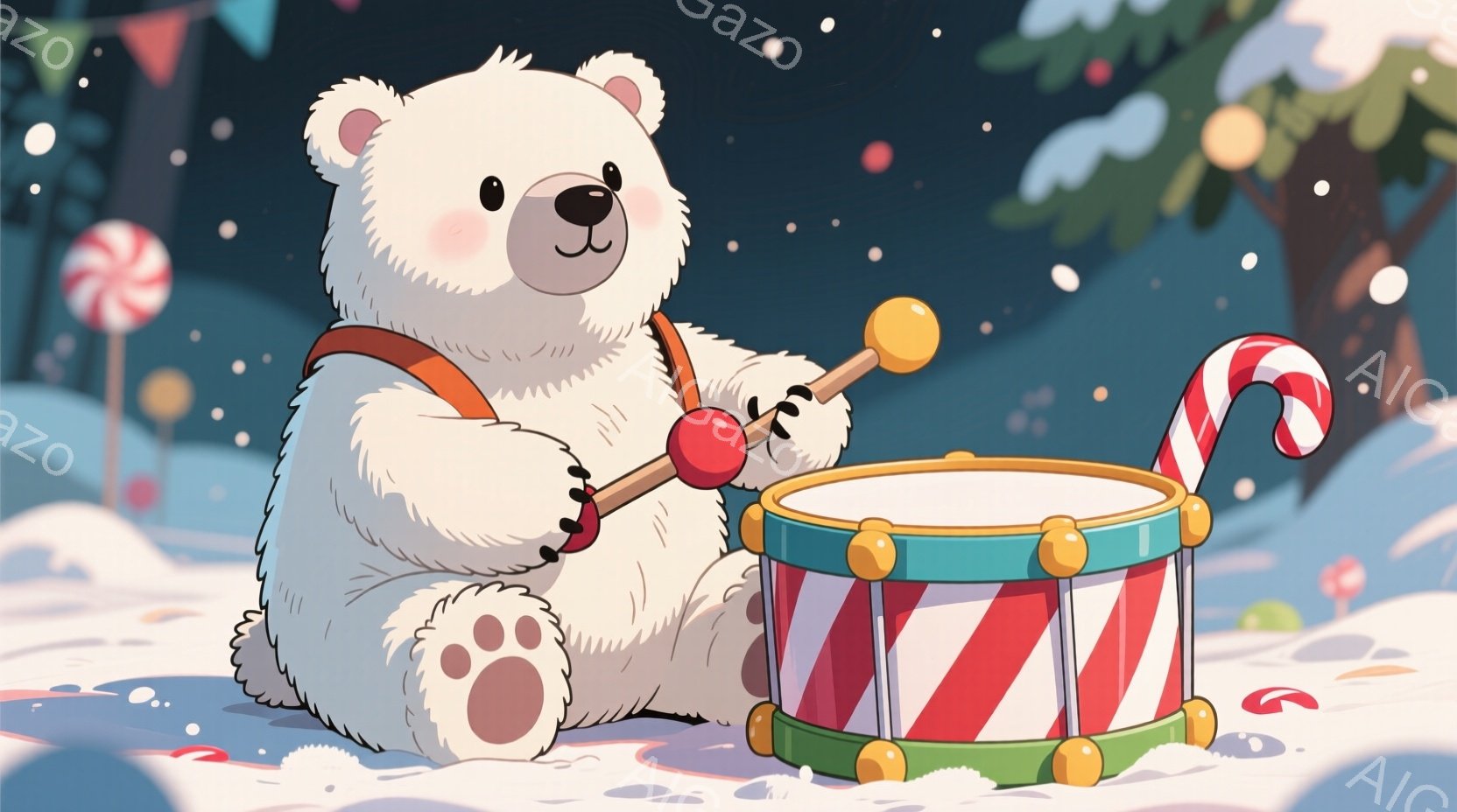 白い熊が赤い肩掛け紐とドラムを抱え、座ってドラムを叩いている様子が描かれている。背景には雪景色が広がり、キャンディケーンや星型の装飾が散りばめられ、冬の楽しげな雰囲気を演出している。雪が舞い降りており - AI生成フリー素材