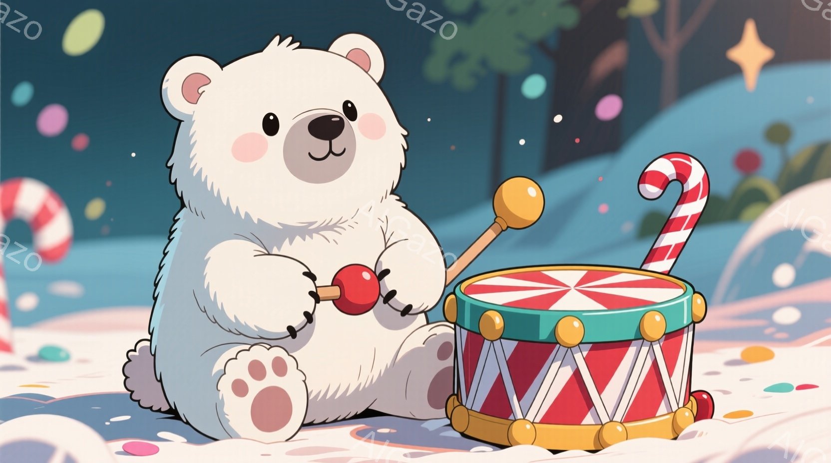 白い子グマが赤い縞模様のドラムを叩こうとしています。雪の上に座り、片方の前足で赤いキャンディケーンを持っている様子が可愛らしいです。背景には、暗緑色の木々と、キラキラと輝く雪が散りばめられており、お祭りや冬の暖かな雰囲気を醸し出しています。