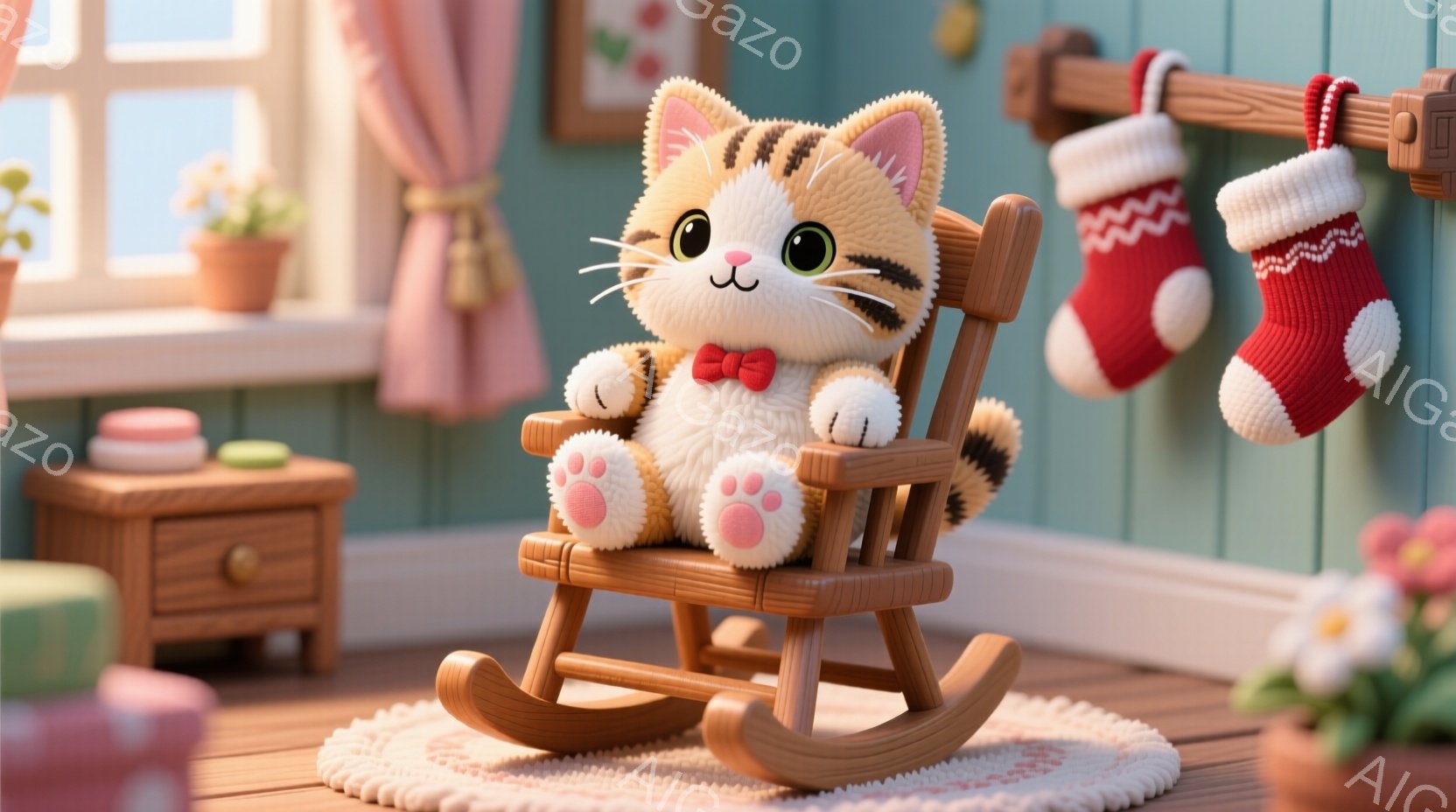 温かみのある室内には、ロッキングチェアに座った愛らしい子猫がいます。子猫は赤い蝶ネクタイをつけ、前足はピンク色で、穏やかな表情をしています。背景には、植物が置かれた窓辺、クリスマスソックス、小さなテーブルがあり、全体的にほっこりとしたクリスマスの雰囲気を醸し出しています。