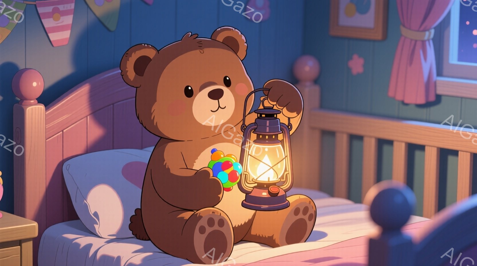 茶色のテディベアが、ピンク色の枕とシーツが敷かれたベビーベッドに座り、温かい光を放つランタンを手に持っています。背景には、パステルカラーの装飾と窓から見える夜空が見え、全体的に穏やかで夢のような雰囲気です。ベアの表情は穏やかで、優しく温かい光が部屋全体を照らしています。
