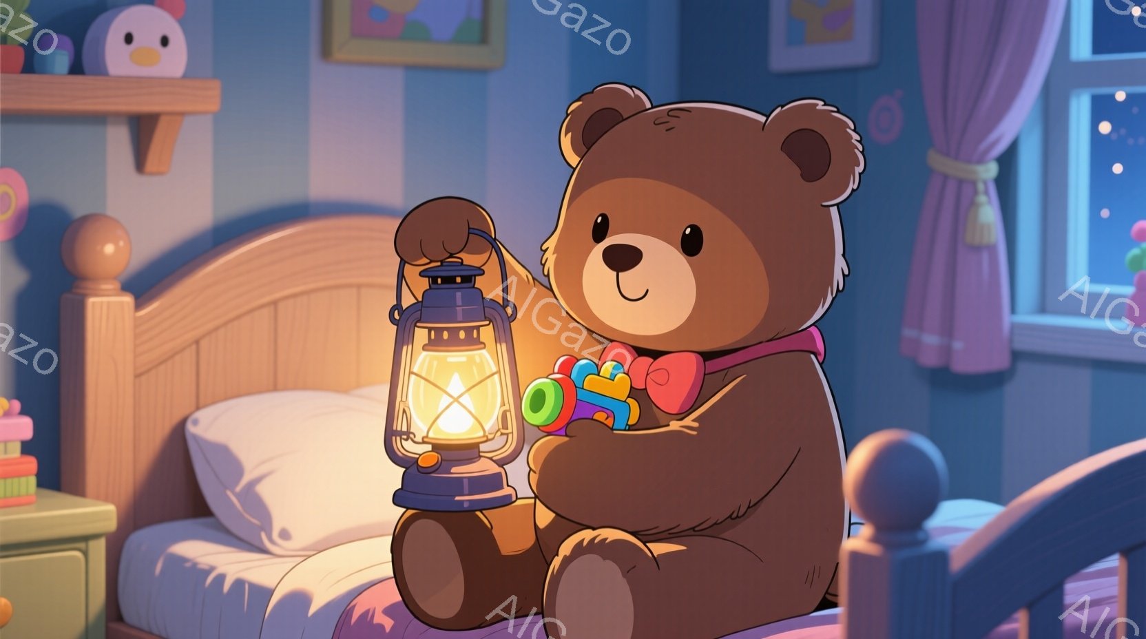 暖色系の毛並みを持つテディベアが、枕に寄りかかり、小さな提灯のようなランタンを持っています。ランタンからは温かい光が放たれ、その光はテディベアの優しい表情を照らし出しています。背景には、おもちゃや絵が - AI生成フリー素材