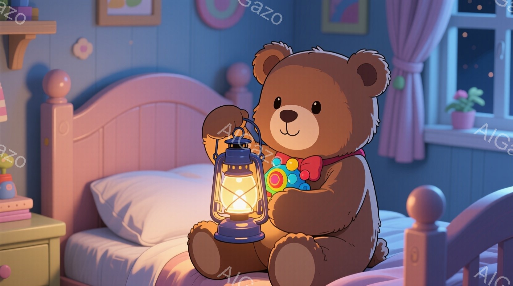 柔らかい茶色のテディベアが、枕の上に座って提灯を持っています。提灯は暖かく光っており、ベアの優しい表情を照らし出しています。背景にはピンク色のベッド、ナイトテーブル、そして夜空を望む窓があり、全体的に - AI生成フリー素材