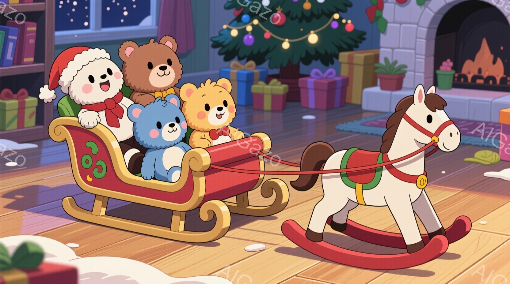 暖炉のある暖かい部屋で、クマのぬいぐるみたちがそりに乗って楽しんでいます。白いクマはサンタの帽子をかぶり、他のクマたちはそれぞれ異なる色の服を着ています。背景にはクリスマスツリーとプレゼントが飾られ、 - AI生成フリー素材