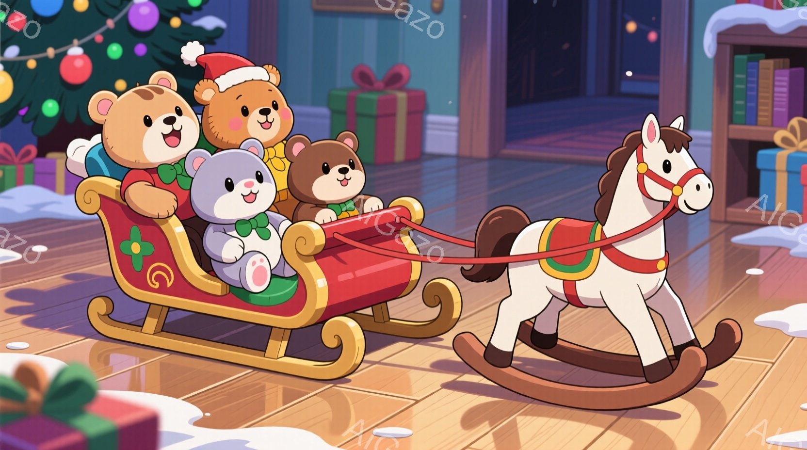 クリスマスツリーの前には、愛らしい子鹿が立っています。毛並みが柔らかく、雪景色の中で暖かさを感じさせます。背景には雪に覆われた木々が見え、クリスマスの静かで穏やかな雰囲気を醸し出しています。