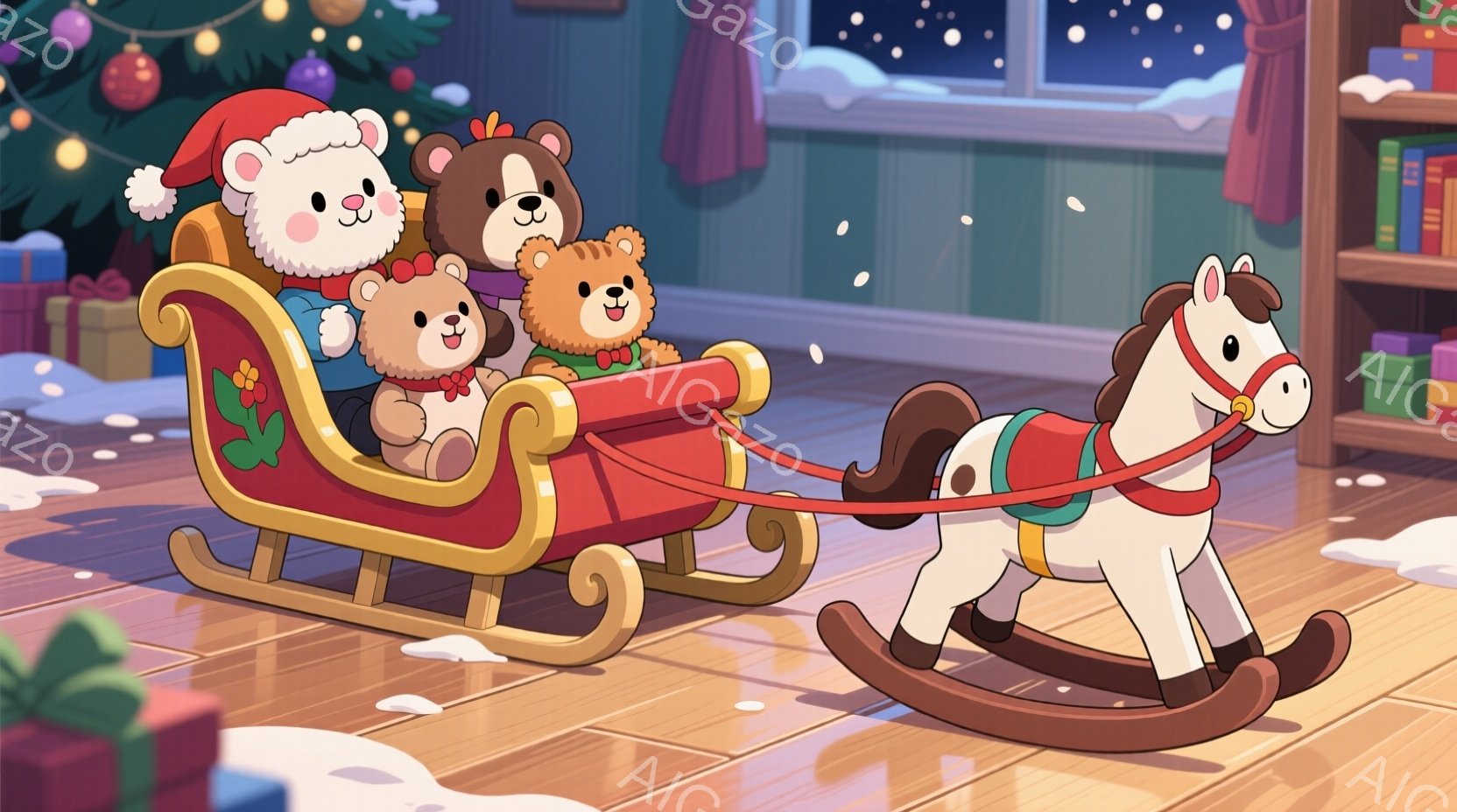 暖炉のある室内で、可愛らしいテディベアたちがソリに乗って楽しんでいる様子が描かれています。赤いソリには、サンタ帽をかぶった白くまのテディベアや、リボンをつけた茶色のテディベアたちが座っており、おもちゃの木馬がソリを引っ張っています。背景にはプレゼントボックスが積み重ねられ、窓の外は雪景色で、温かく幸せなクリスマスの雰囲気が漂っています。