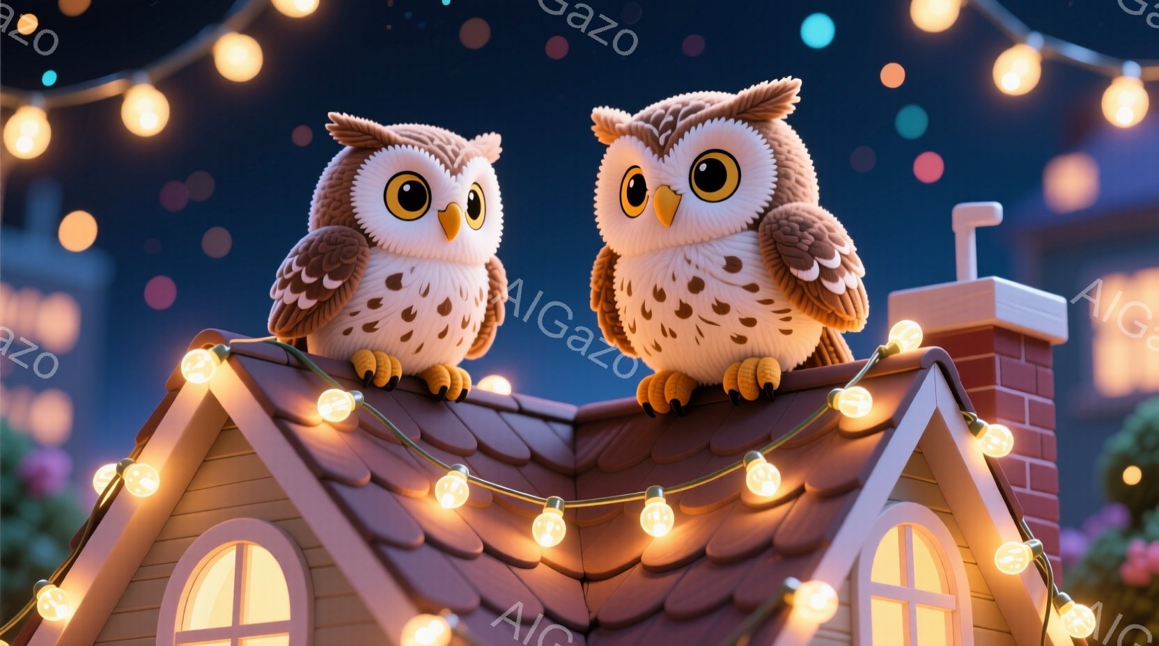 屋根の上に二羽の可愛らしいフクロウが並んで座っています。フクロウたちは大きな目で見つめ、まるで何かを見張っているようです。背景には暗い夜空と、小さな光が灯る家々が見え、温かく幻想的な雰囲気が漂っています。