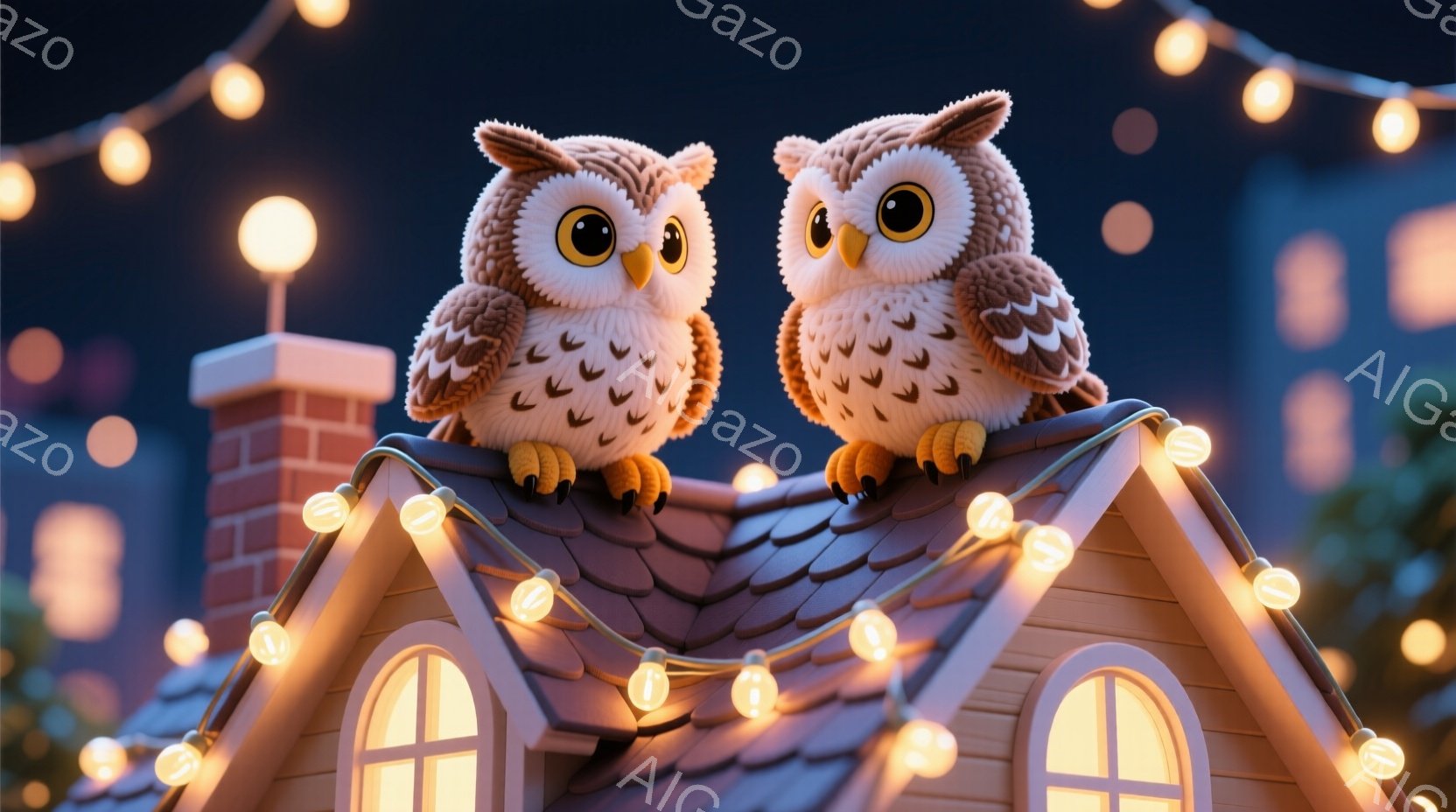 屋根の上に二羽のフクロウが座っており、可愛らしい表情をしています。周囲にはオレンジ色の電飾が飾られ、背景には暗闇の中にぼんやりと見える建物が並んでいます。全体的に温かく、幻想的な雰囲気が漂っています。 - AI生成フリー素材