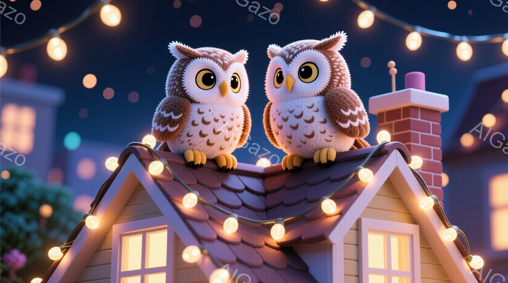 屋根の上に二羽の愛らしいフクロウが並んで座っており、大きな丸い目で見つめている。周囲には暖かい光を放つ電飾が飾られ、暗い夜空と明るい家の窓が背景に広がっている。全体的に、暖かく、穏やかで、可愛らしい雰 - AI生成フリー素材