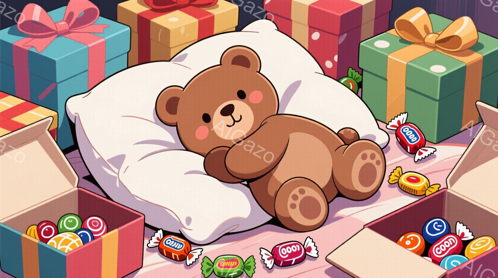 茶色のテディベアがピンク色の枕の上に仰向けに寝ています。周りにはカラフルなラッピングペーパーで包まれたプレゼントとキャンディーが散らばっており、お祝いの雰囲気が漂っています。全体的に暖かく、優しい雰囲 - AI生成フリー素材