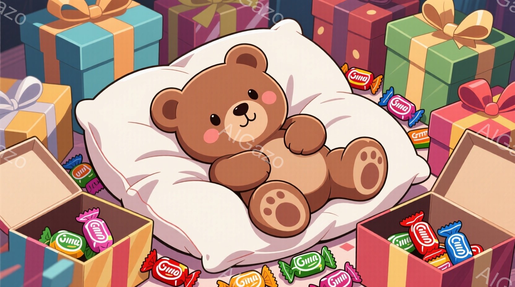 茶色のテディベアが、ピンク色の枕の上に仰向けになって眠っています。周りにはカラフルなラッピングペーパーに包まれたキャンディーの箱が散らばっており、お祝いやプレゼントの雰囲気が漂っています。全体的に暖かく、優しい雰囲気で、子供部屋のような可愛らしい空間が表現されています。
