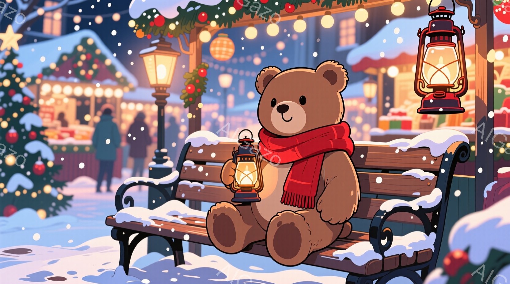 ぬいぐるみのような茶色のクマが、雪の積もった公園のベンチに座っています。赤いストールを巻き、片手で灯りを灯したランタンを持っています。背景にはクリスマスマーケットのような賑やかな光景が広がり、雪が舞う - AI生成フリー素材