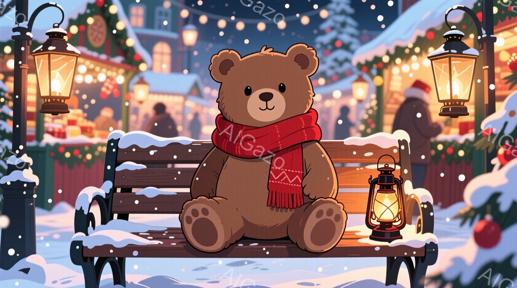 雪が降るクリスマスのベンチに座る、茶色のテディベアが描かれています。ベアは赤いストールを首に巻き、リラックスした表情で、足元には大きな肉球が見えます。背景には、クリスマスツリーや提灯で飾られた活気のあ - AI生成フリー素材