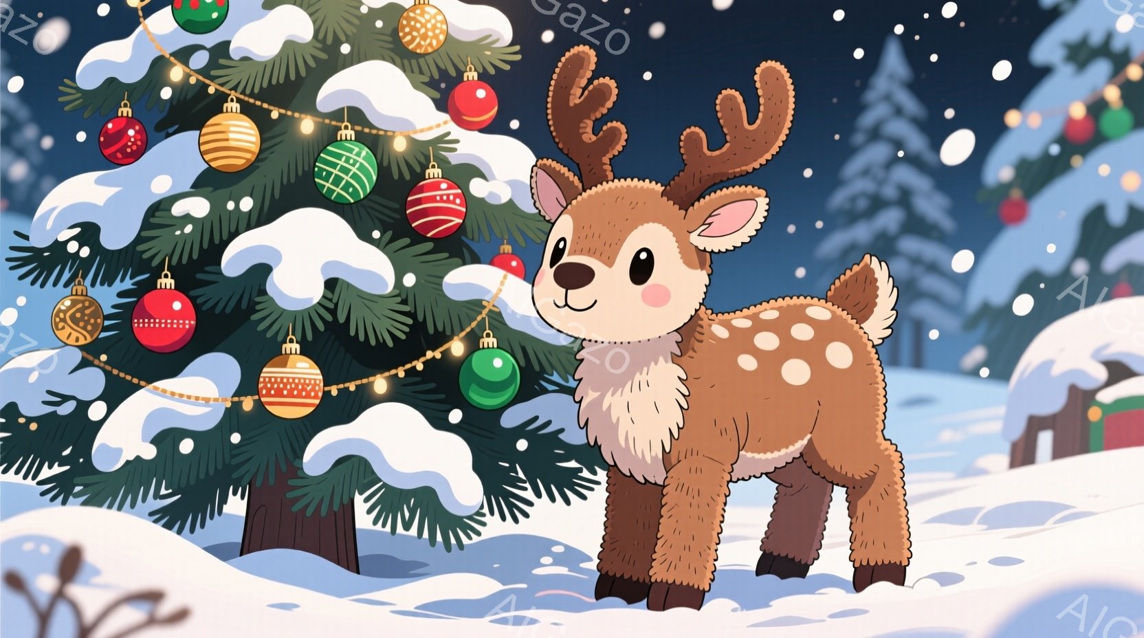 雪が舞う冬の風景の中に、愛らしい子鹿が立っています。子鹿は茶色の毛並みで、大きな瞳と優しい表情をしており、背中には白い斑点があります。背景には、飾り付けられたクリスマスツリーや雪に覆われた建物が見え、穏やかで温かいクリスマスの雰囲気が漂っています。