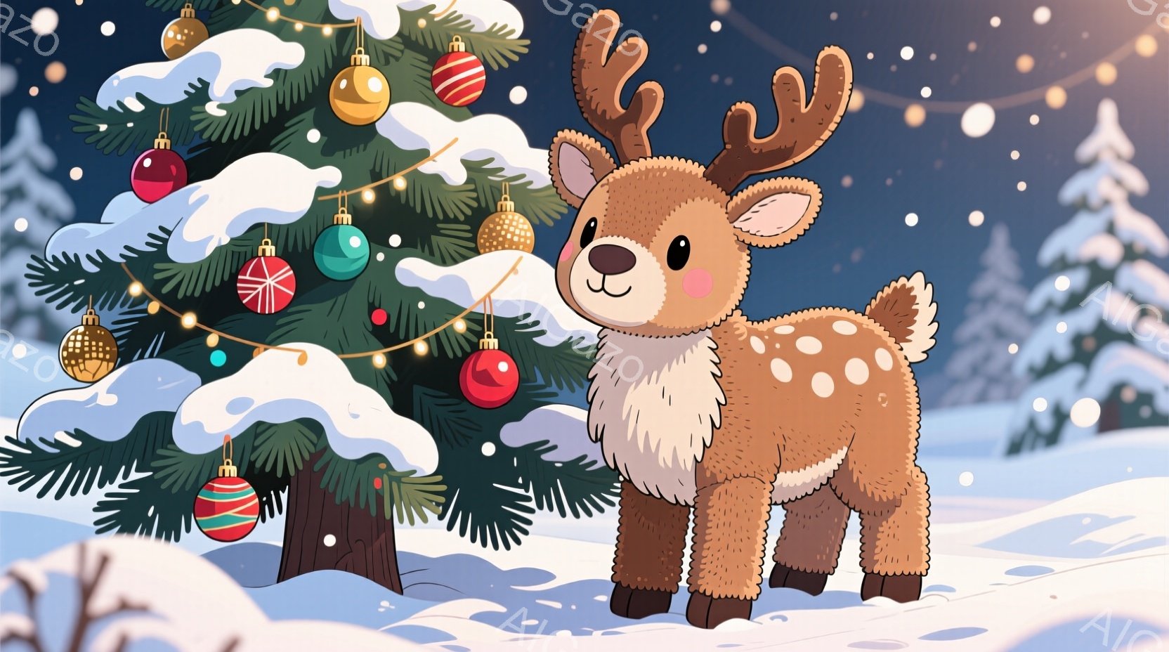 雪が降る冬の風景の中に、可愛らしい子鹿が立っています。子鹿は茶色の毛並みで、白い斑点があり、大きな瞳と優しい笑顔が印象的です。背景には、装飾されたクリスマスツリーと雪景色が広がり、温かく幻想的な雰囲気を醸し出しています。