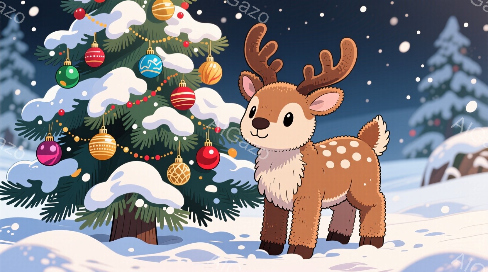 雪が降る冬の風景の中に、愛らしい子鹿が立っています。子鹿は茶色い毛並みで、白い胸毛と腹部を持っています。背景には雪で覆われた松の木があり、カラフルなオーナメントで飾られています。