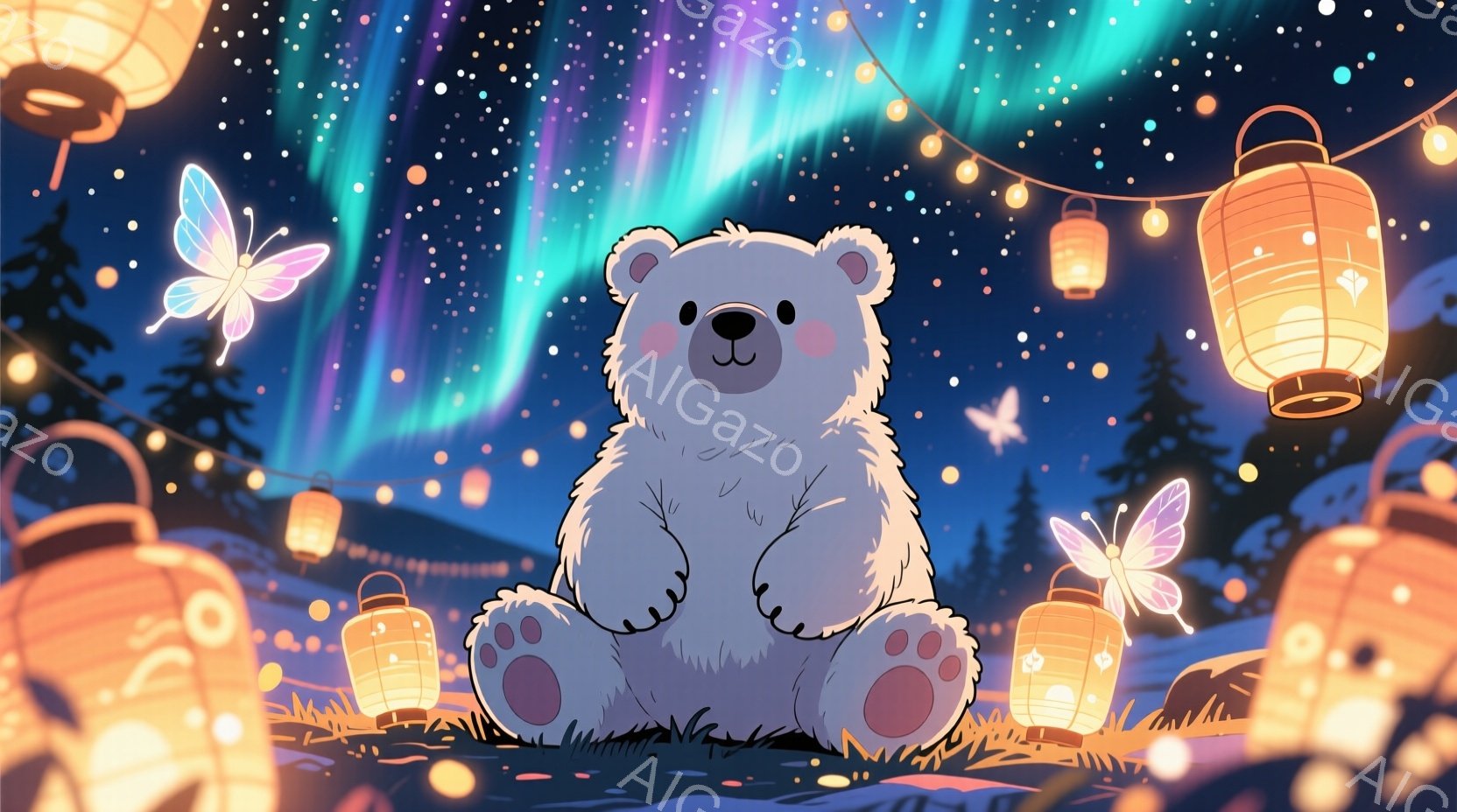 白い熊が緑の草の上に座っており、丸い体と大きな足が特徴的です。背景には、暗い森とオーロラが広がり、小さな提灯や蝶が散りばめられた幻想的な夜の風景が描かれています。全体的に温かく、穏やかな雰囲気が漂っています。