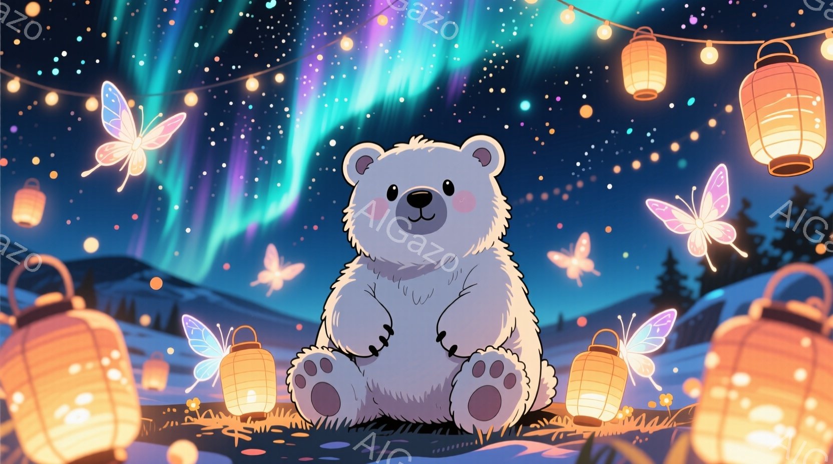 白い子グマが緑の草の上に座っており、両手を膝の上に置いています。背景には、ピンクや紫のオーロラが夜空に広がり、可愛らしい蝶や温かい光を放つ提灯が浮かんでいます。全体的に、幻想的で夢のような、穏やかな雰囲気を醸し出しています。