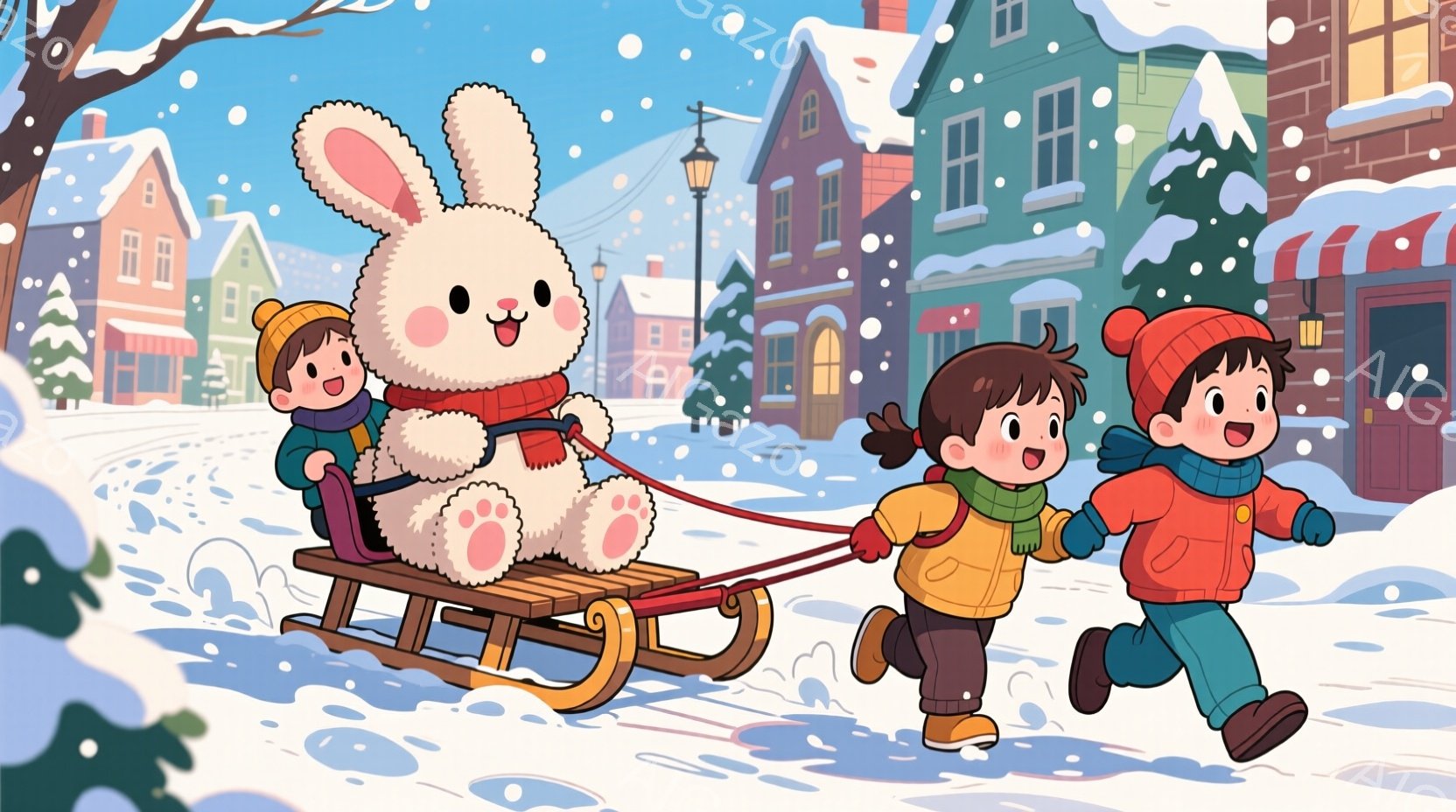 雪が降る冬の日に、子供たちが大きなぬいぐるみのようなウサギをソリで引っ張って遊んでいます。子供たちは赤い帽子とオレンジまたは黄色のジャケットを着ており、笑顔で走り、ウサギのぬいぐるみはソリに座って楽しそうにしています。背景には、雪で覆われた可愛らしい建物や木々が並び、温かく、楽しげな冬の雰囲気が漂っています。