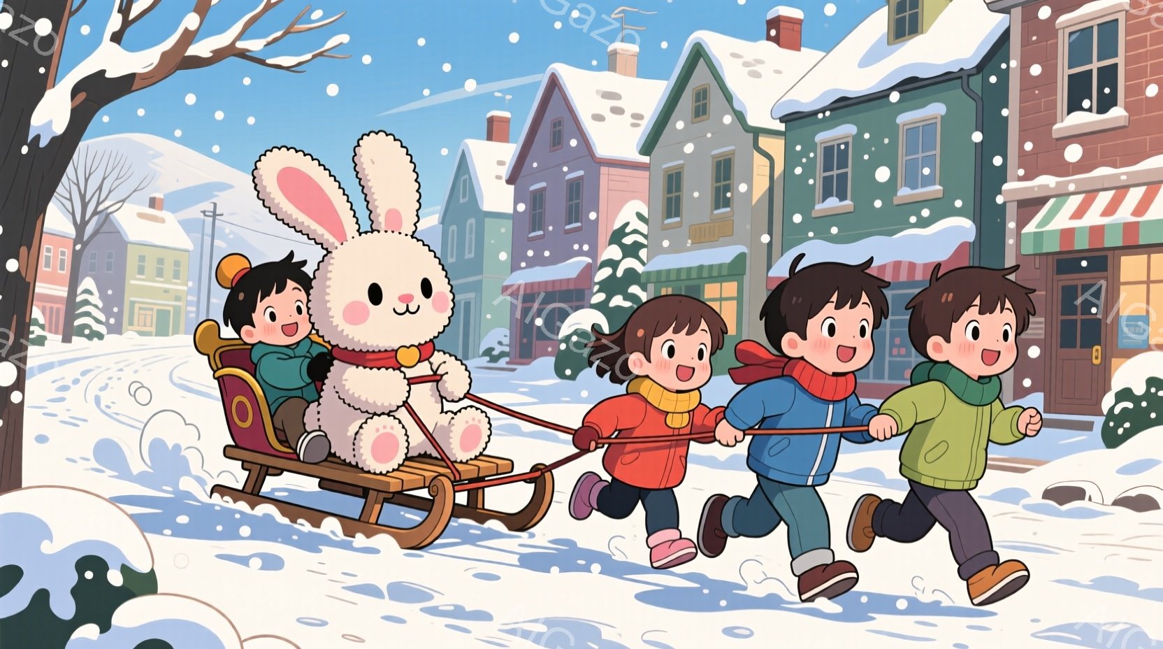 雪が降る街並みを、ソリに乗った大きな白いウサギを、四人の子供たちが引っ張って走っている様子が描かれている。子供たちはそれぞれ赤いセーター、緑のジャケット、茶色のセーターと白いセーターを着ており、笑顔で楽しそうにソリを引っ張っている。背景には、雪で覆われた家々や木々が見え、暖かい雰囲気の冬の情景が広がっている。