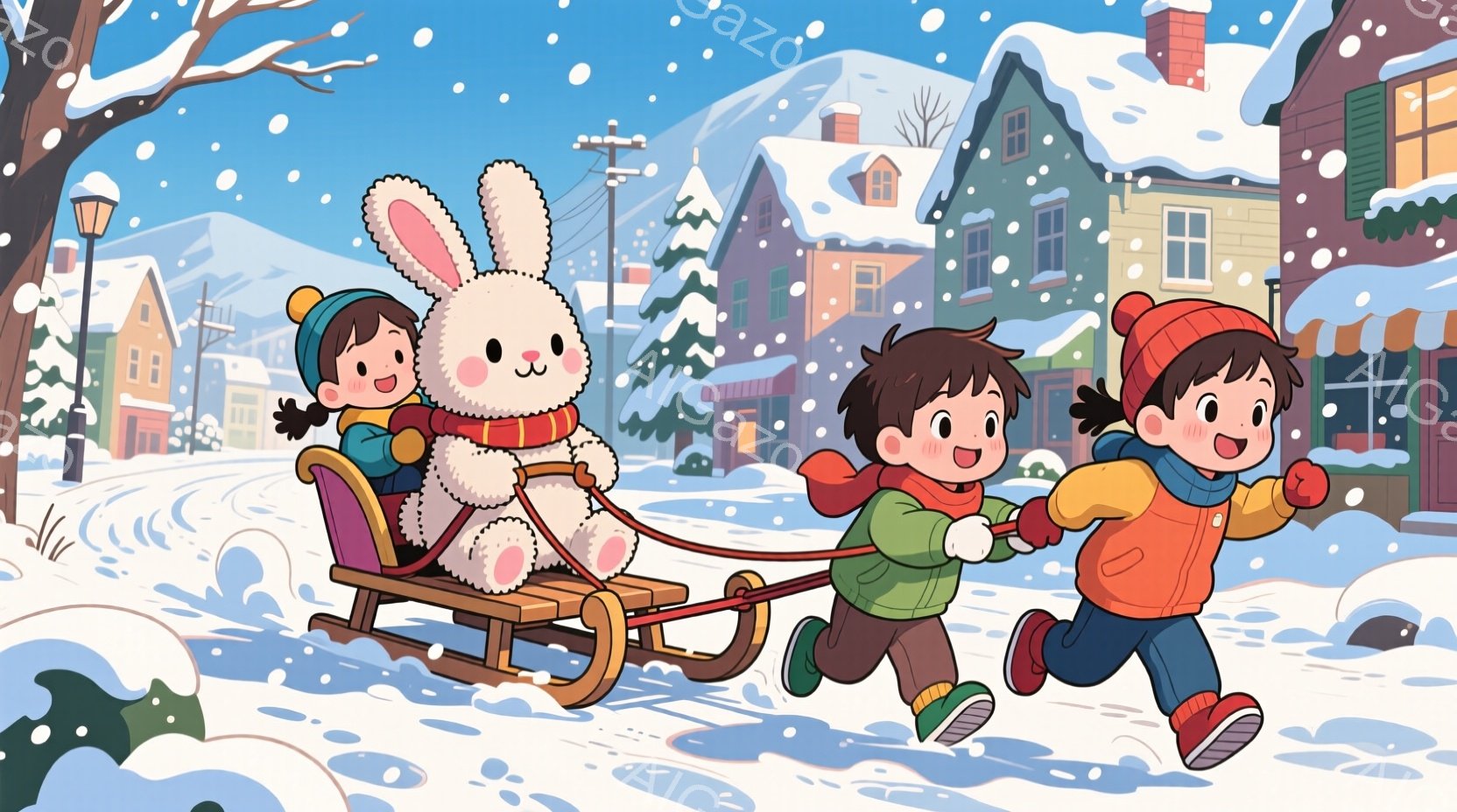 雪景色の中で、少年と少女が大きなぬいぐるみのようなウサギをソリに乗せて引っ張っている様子が描かれています。少年は赤い帽子とマフラーを巻き、少女はピンクの帽子をかぶり、ともに楽しそうな笑顔を浮かべています。背景には雪に覆われた可愛らしい家々が並び、雪が舞い散る冬の暖かく幸せな雰囲気が漂っています。