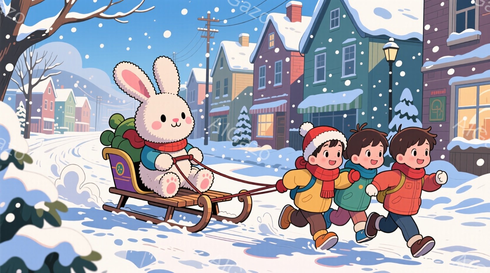 雪が舞う街並みを、赤い帽子とオレンジのジャケットを着た少年2人が、大きな白いウサギが乗ったそりを引っ張って走っている。少年たちは笑顔で、冬の寒さも忘れずに楽しんでいるようだ。背景には、雪を頂いた屋根の - AI生成フリー素材