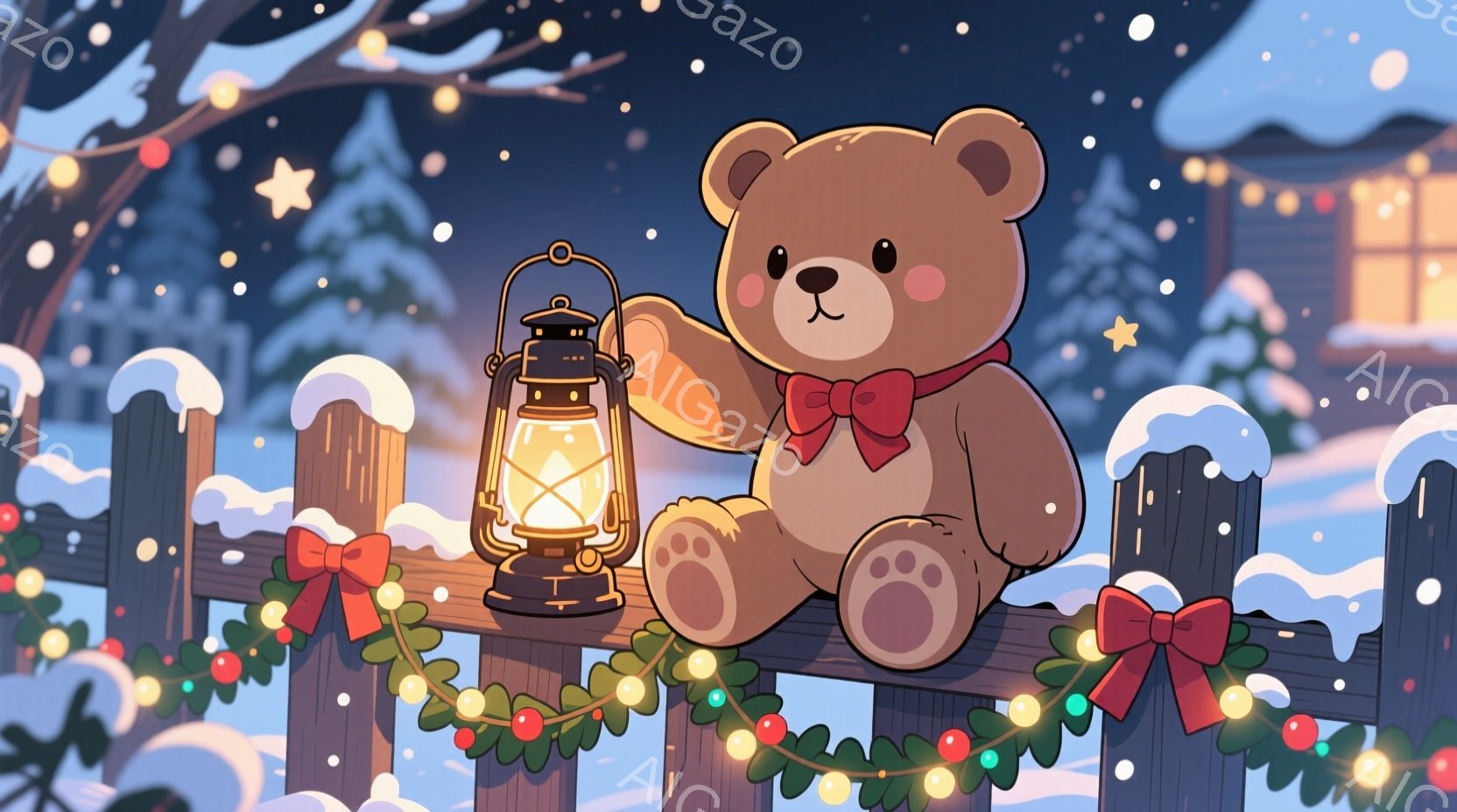 雪が降る夜、フェンスの上に座ったテディベアが描かれています。赤いリボンを首に結び、片手にランタンを持って穏やかな表情を浮かべています。背景には、雪化粧した木々と、窓から光が漏れる暖かい家々が広がり、冬 - AI生成フリー素材