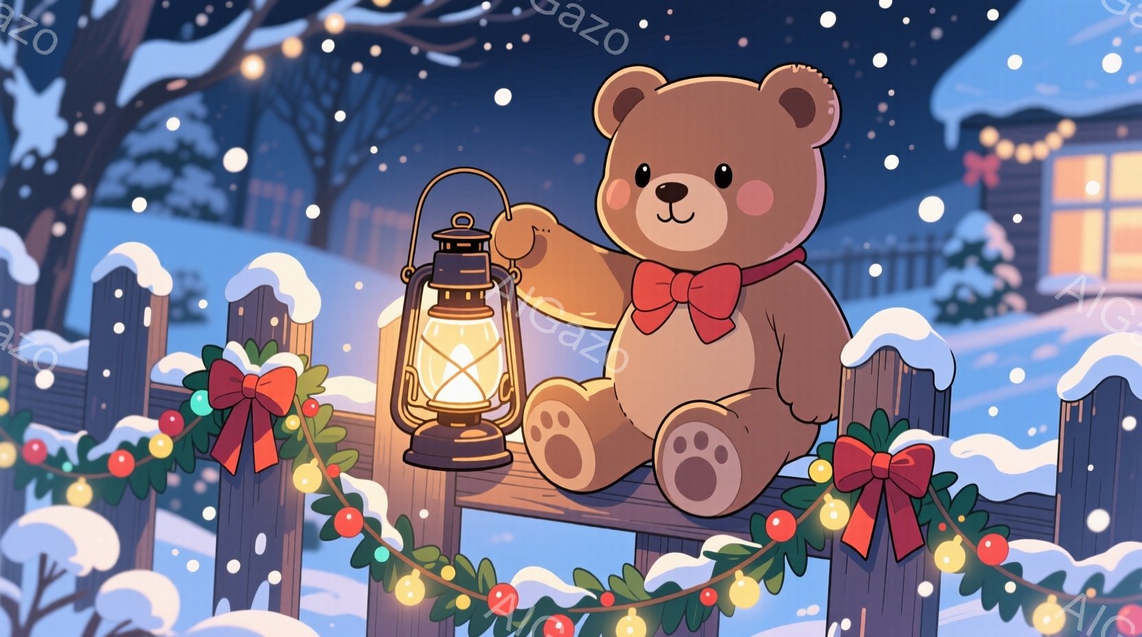 暖炉のような茶色のテディベアが雪に覆われた木の柵の上に座り、片手に提灯を持っています。背景には、クリスマスガーランドが飾られた柵と、温かい光を灯した家々、そして降り積もる雪景色が見えます。全体的に、温かく、お祝いの雰囲気で、冬のクリスマスの夜を連想させます。