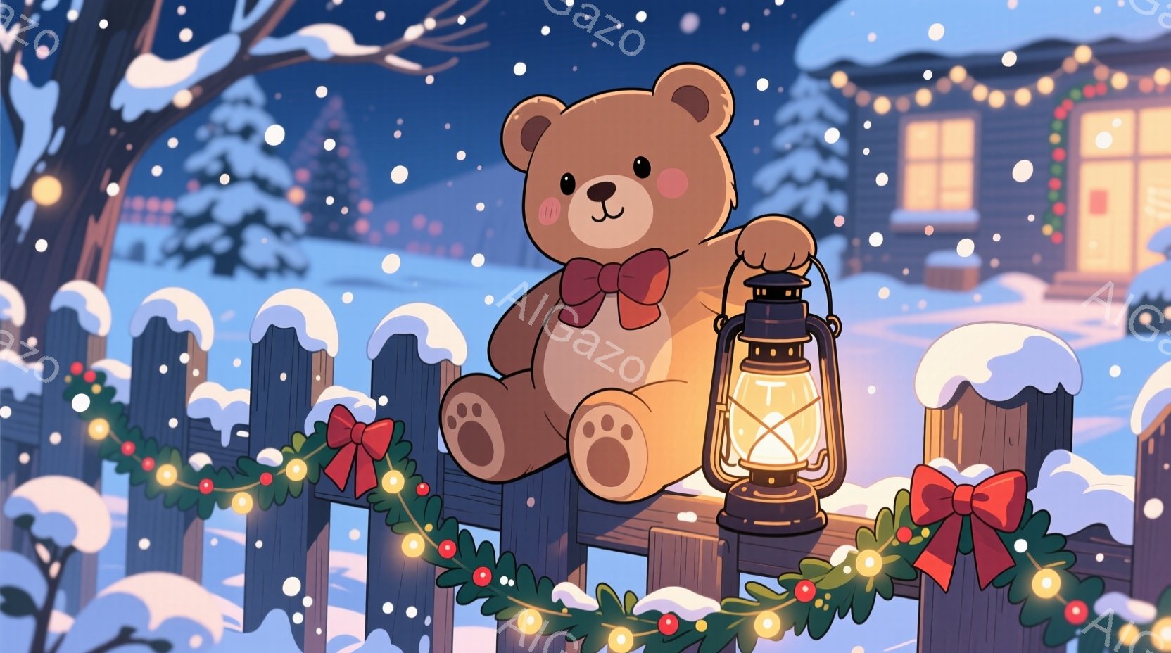 雪が舞う夜、フェンスの上に座った茶色のテディベアが、片手にランタンを持っています。フェンスには、赤いリボンと緑の葉っぱで飾られたガーランドが飾られ、遠くには暖かい光を灯した家が見えます。全体的に、暖かく、穏やかで、冬の夜の魅力的な雰囲気が漂っています。
