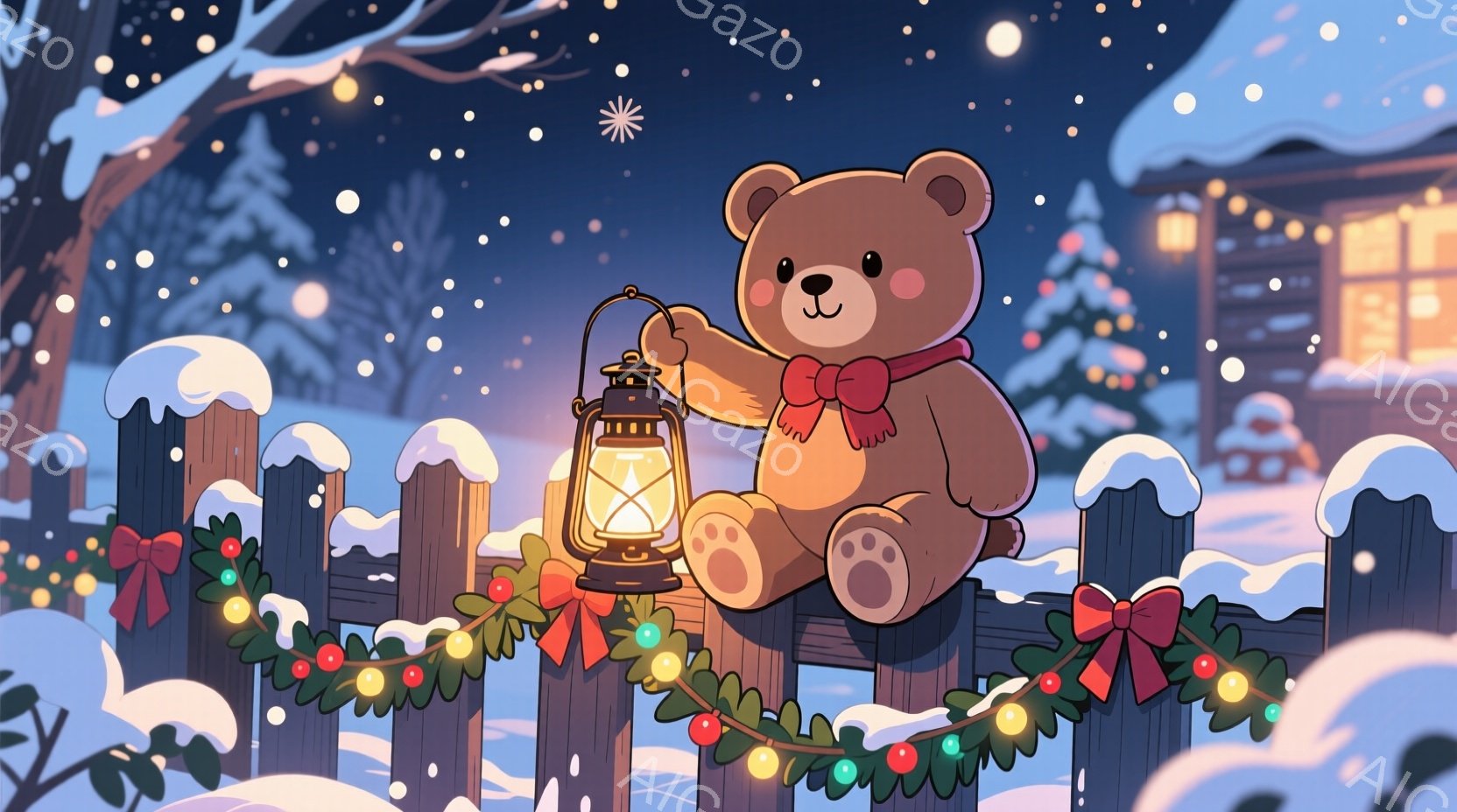 雪が降る夜のフェンスの上に、赤いリボンを付けた茶色のテディベアが座っています。テディベアは片手に光るランタンを持っており、穏やかな表情をしています。背景には雪に覆われた木々と、暖かい光が灯る可愛らしい - AI生成フリー素材