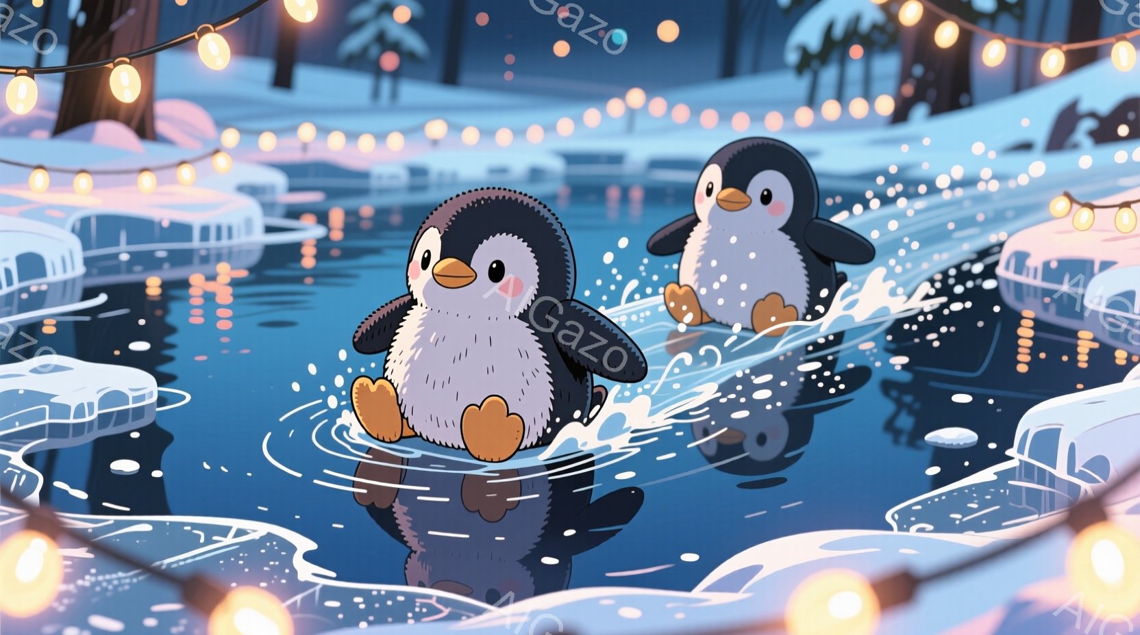 雪の中を2羽のペンギンが楽しそうに泳いでいます。ペンギンたちは可愛らしい表情で、水しぶきを上げています。背景にはぼんやりとした建物と、暖色のイルミネーションが輝き、冬の暖かく幻想的な雰囲気を醸し出しています。