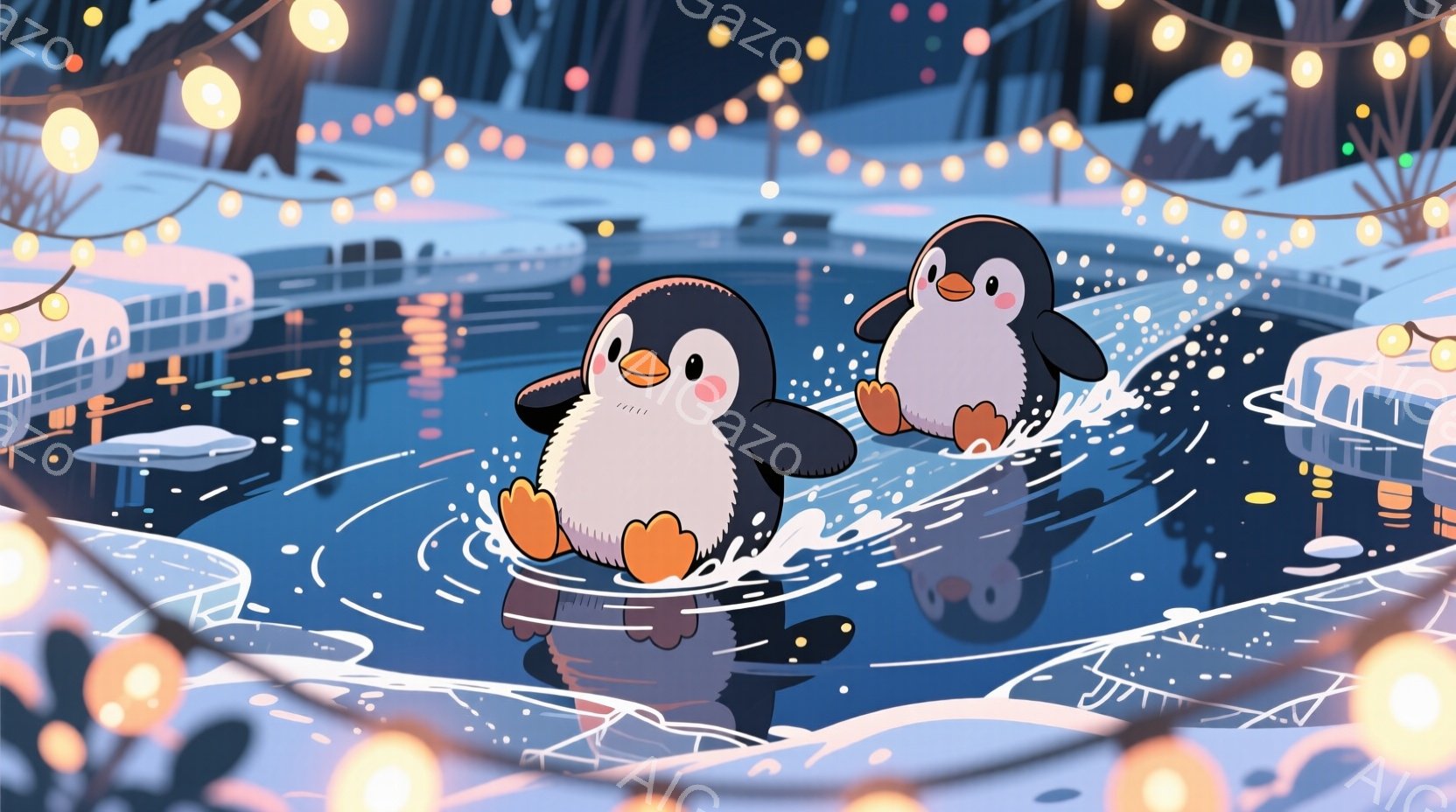 氷の上で楽しそうに滑っている2羽のペンギンが描かれています。ペンギンたちはオレンジ色の足とくちばしを持ち、丸い体と可愛らしい表情をしています。背景には木々や建物が見え、夜空には光のイルミネーションが輝 - AI生成フリー素材