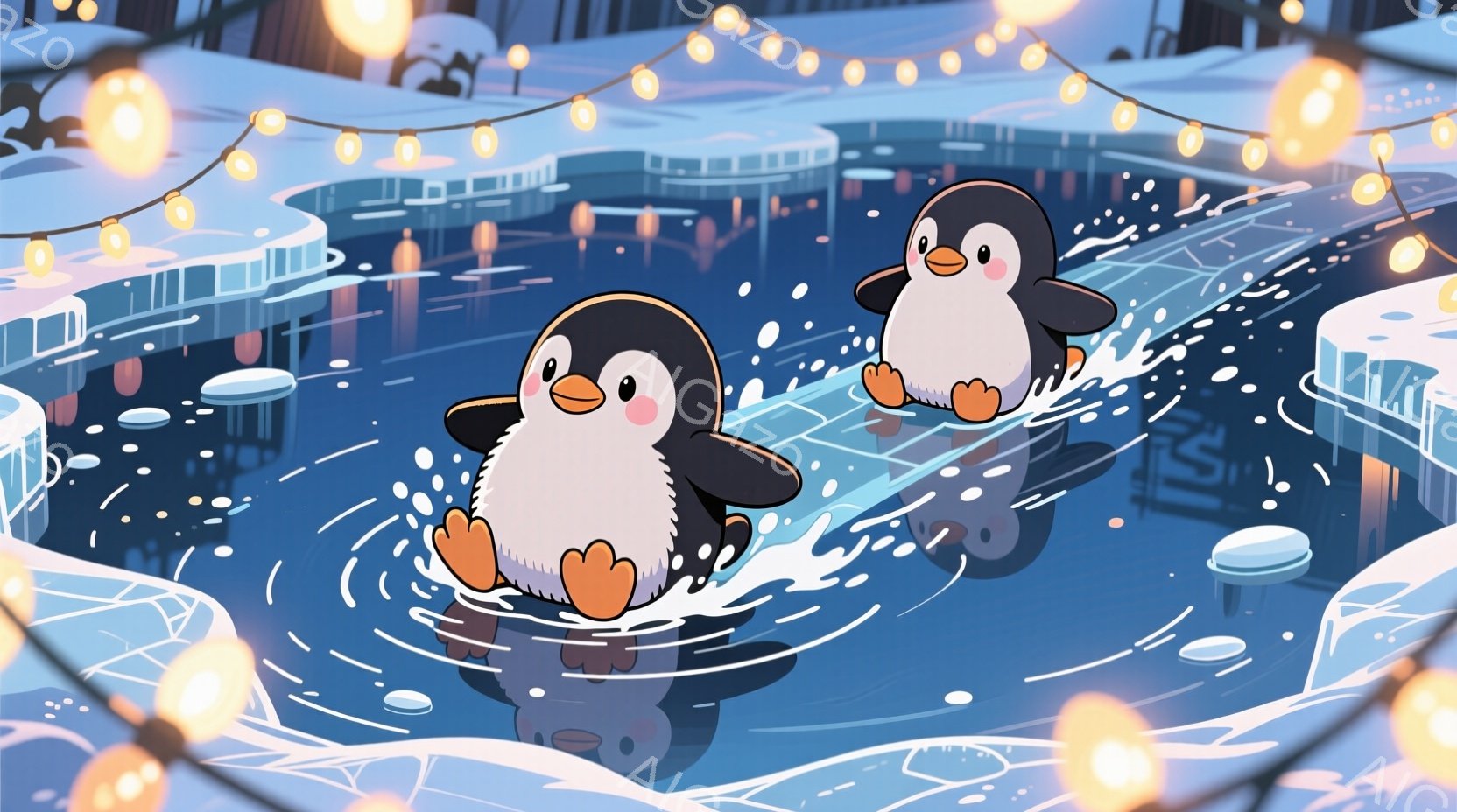 氷上を滑る二羽のペンギンが描かれています。ペンギンたちはオレンジ色の足とくちばしを持ち、楽しそうな表情をしています。背景には、明るい光のストリングが飾られ、雪景色が広がっており、全体的に暖かく、遊び心のある雰囲気を醸し出しています。