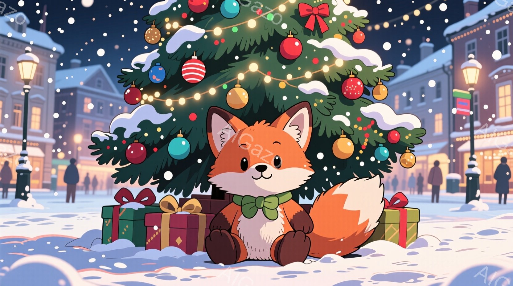 雪が降るクリスマスの夜、大きなクリスマスツリーの前に、可愛らしいキツネが座っています。緑色の蝶ネクタイをつけ、プレゼントの箱に囲まれて幸せそうに微笑んでいます。背景には、暖かい光で飾られた建物が並び、 - AI生成フリー素材