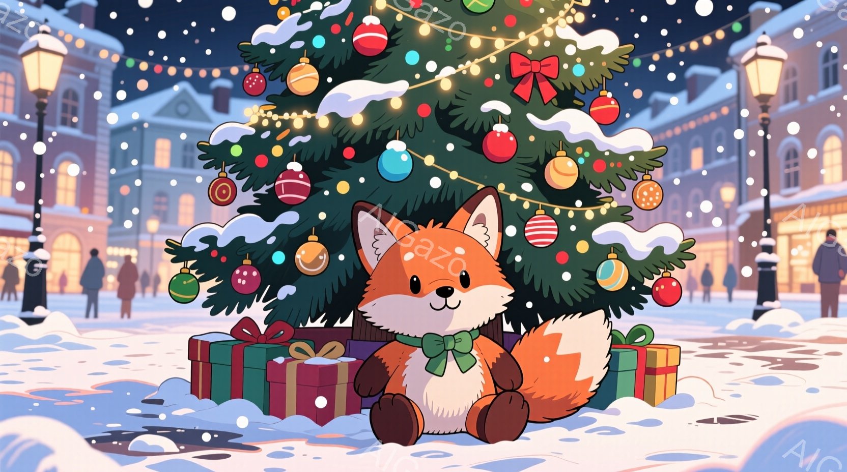 雪が降り積もる夜の街並みで、大きなクリスマスツリーが飾られています。ツリーの根元にはプレゼントの箱が積み重ねられ、その前に愛らしいキツネが緑色のリボンをつけて座っています。背景にはライトアップされた建 - AI生成フリー素材