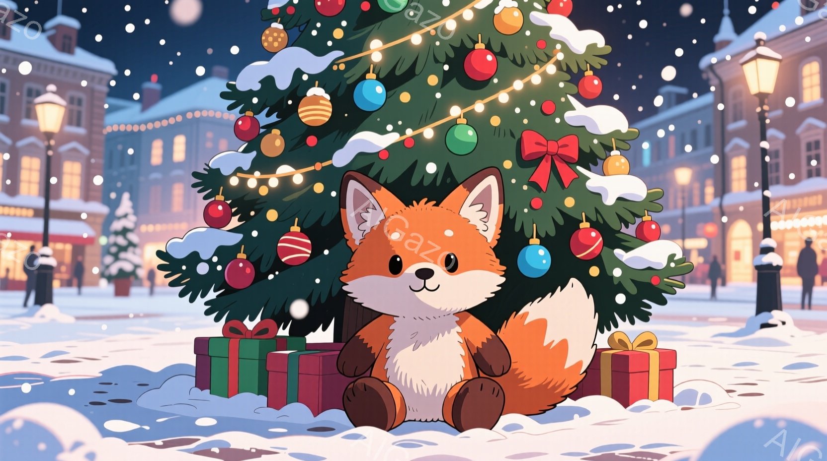 クリスマスツリーのそばに座っている、かわいらしいオレンジ色のキツネが描かれています。キツネはプレゼントの箱に囲まれており、穏やかで幸せそうな表情をしています。背景には、雪が降る夜の街並み、装飾された建 - AI生成フリー素材