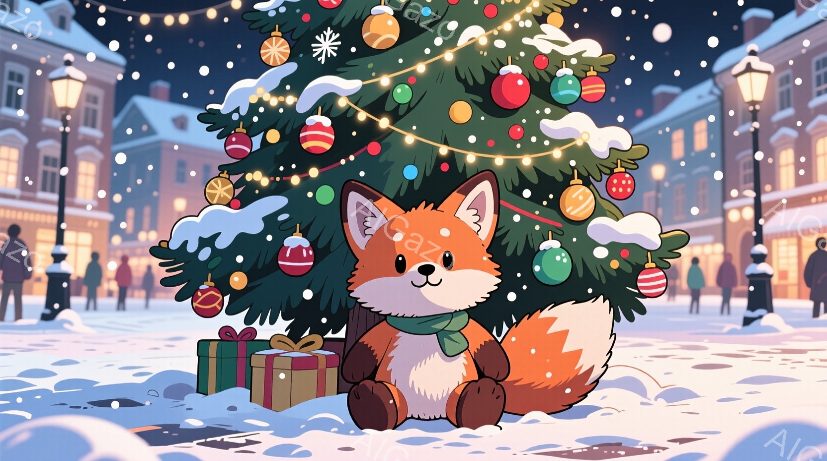 雪が降り積もる夜の街並みを背景に、緑のネッカチーフを巻いた可愛らしいキツネがクリスマスツリーの前に座っています。 キツネはプレゼントの箱に囲まれ、優しい表情でこちらを見ており、クリスマスの温かい雰囲気を醸し出しています。 背景には、ライトアップされた建物や人々が見え、幻想的で賑やかな冬の夜の様子が描かれています。