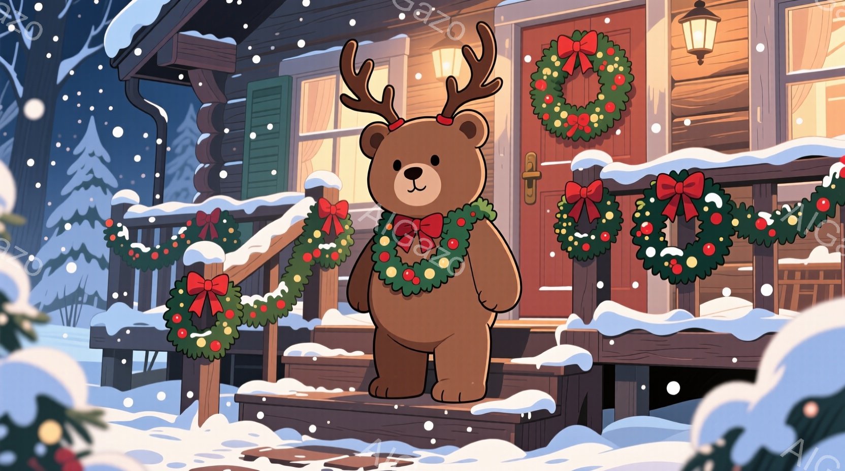 雪が降り積もる家の前に、トナカイの角を付けたクマのぬいぐるみが立っています。クマは赤いリボンで飾られ、前足は体側にぴったりと添えられています。背景には、クリスマスリースで飾られた木造の家があり、暖かく、お祝いの雰囲気です。