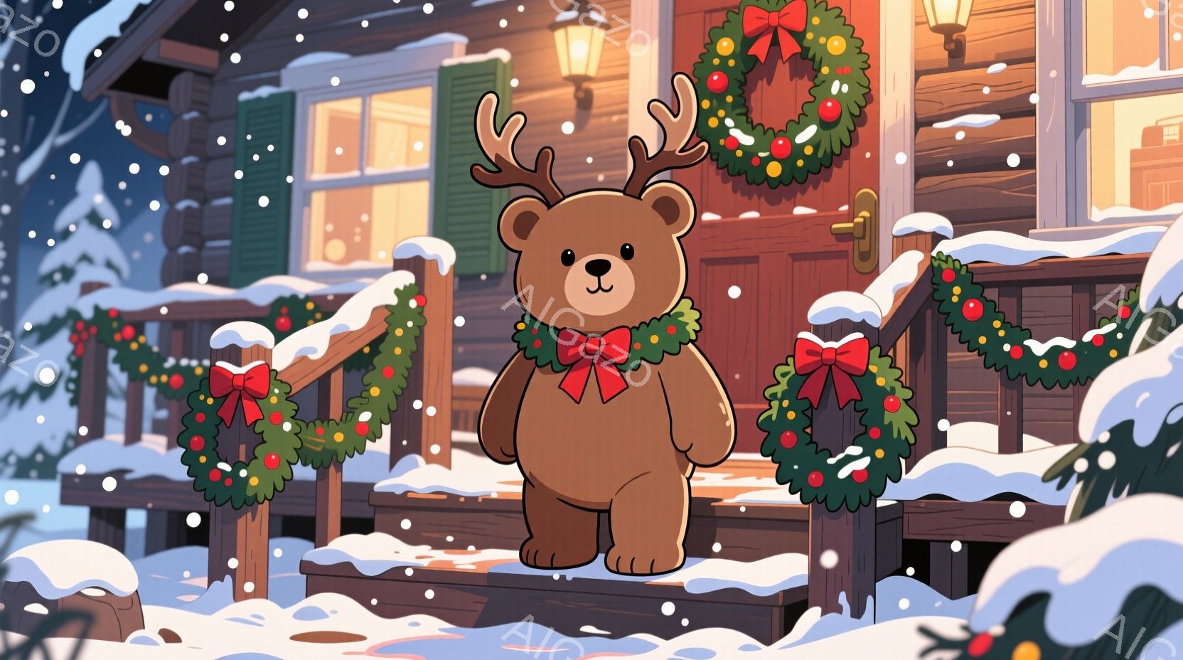 雪が降るクリスマスの日に、トナカイの角をつけた可愛らしいクマが家の階段に立っています。クマは赤いリボンをつけており、正面を向いて穏やかな表情をしています。背景には、クリスマスリースで飾られた暖かい光を放つ木造の家と、雪に覆われた景色が広がっています。