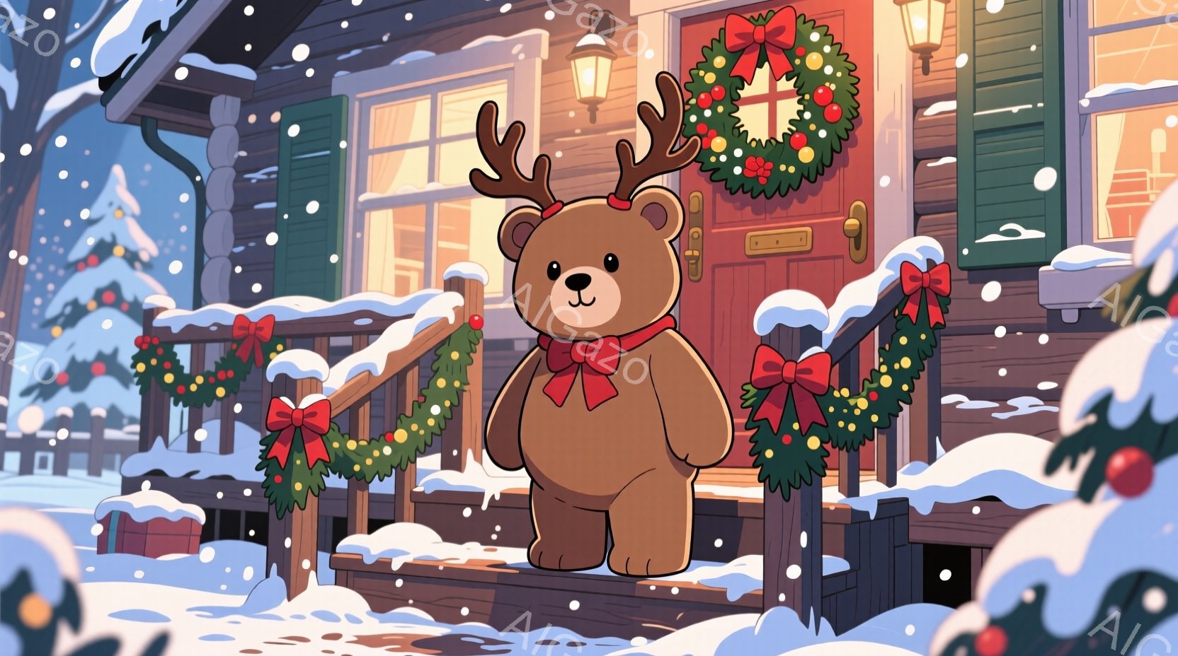 雪が降るクリスマスの日に、トナカイの角をつけたテディベアが家の階段に立っています。テディベアは赤いリボンを首に結び、幸せそうに正面を見ています。背景にはクリスマスリースで飾られた木造の家があり、全体的に暖かく、お祝いムードに満ちた雰囲気です。