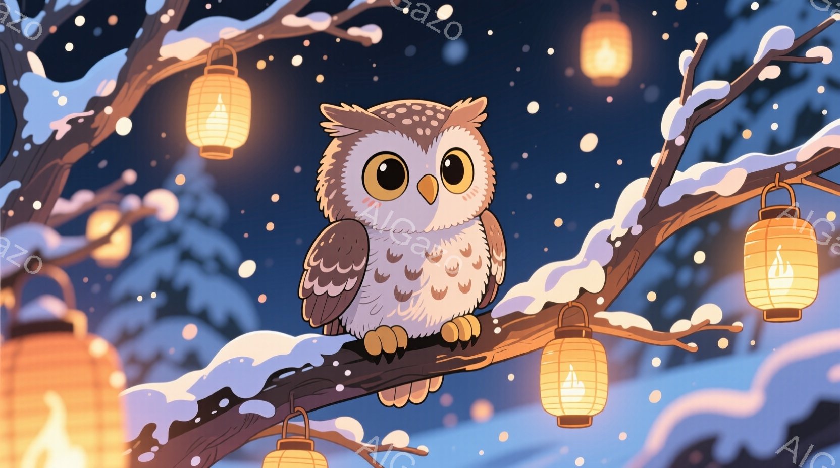 雪に覆われた枝に、大きな目を輝かせたフクロウが座っています。周りには暖かく光る提灯が並び、背景は穏やかな雪景色で、静かで幻想的な雰囲気を醸し出しています。フクロウの丸いフォルムと提灯の光が、冬の夜の温かさを強調しています。
