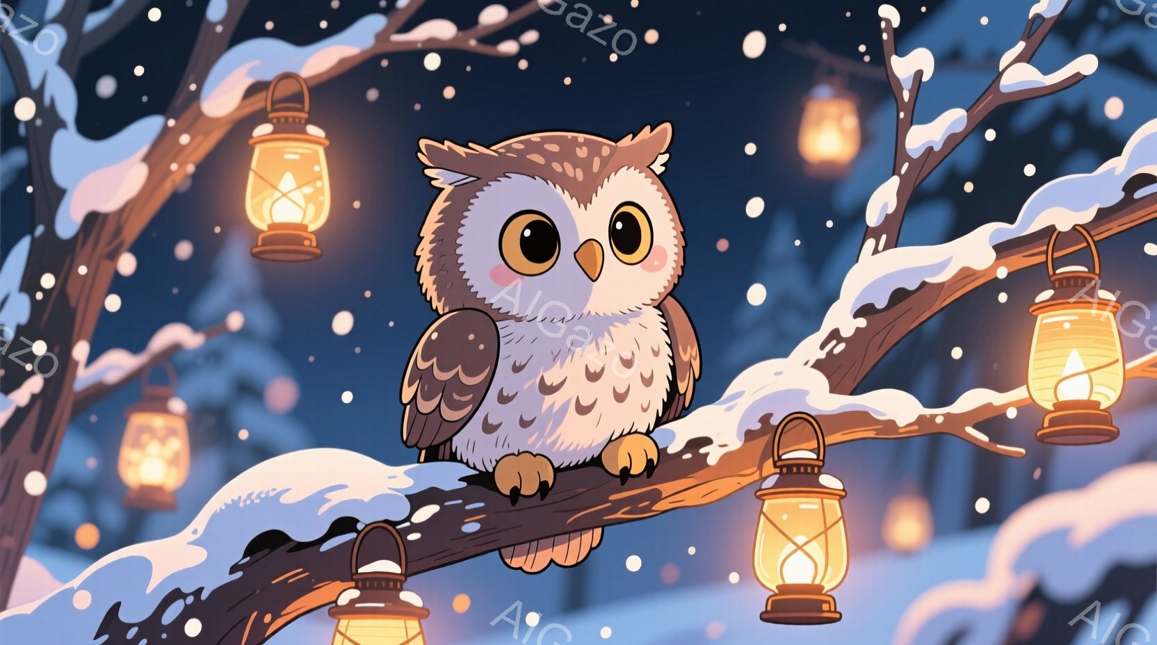 雪が舞う夜の木の上に、可愛らしいフクロウがちょこんと座っています。フクロウは丸い目で穏やかな表情を浮かべ、雪で覆われた枝にしっかりと掴まっています。背景には、暖かい光を放つランタンがいくつか吊るされ、 - AI生成フリー素材