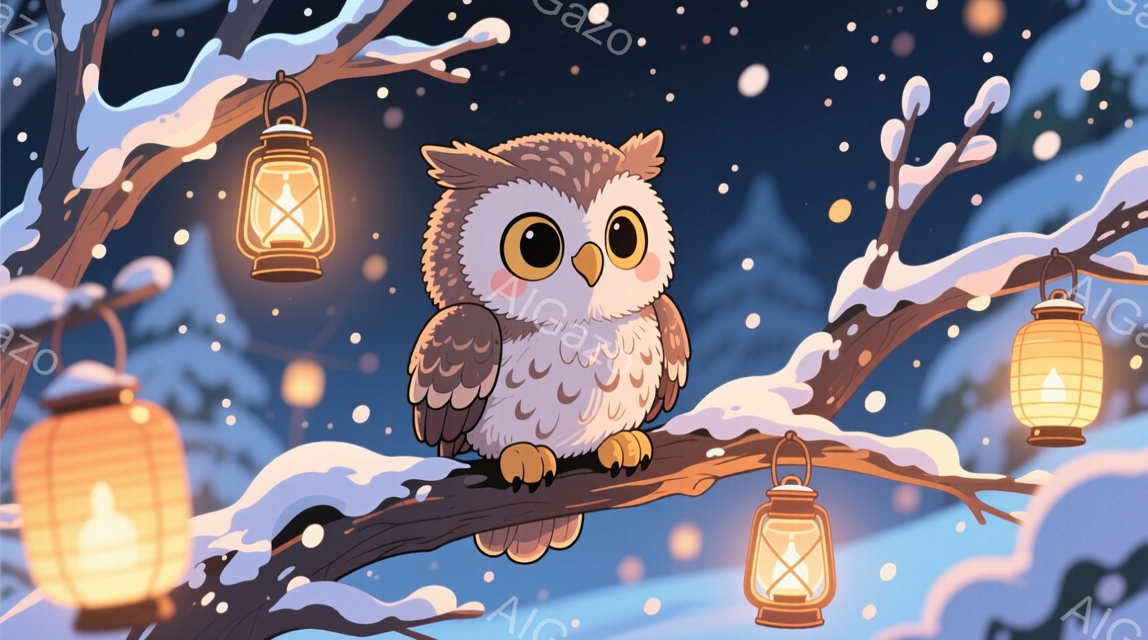 雪に覆われた枝に、丸い目をした可愛らしいフクロウがちょこんと座っています。周囲には暖かく光る提灯がいくつか浮かび、雪が静かに降り積もる夜の森を照らしています。全体的に温かく幻想的な雰囲気で、冬の夜の静 - AI生成フリー素材