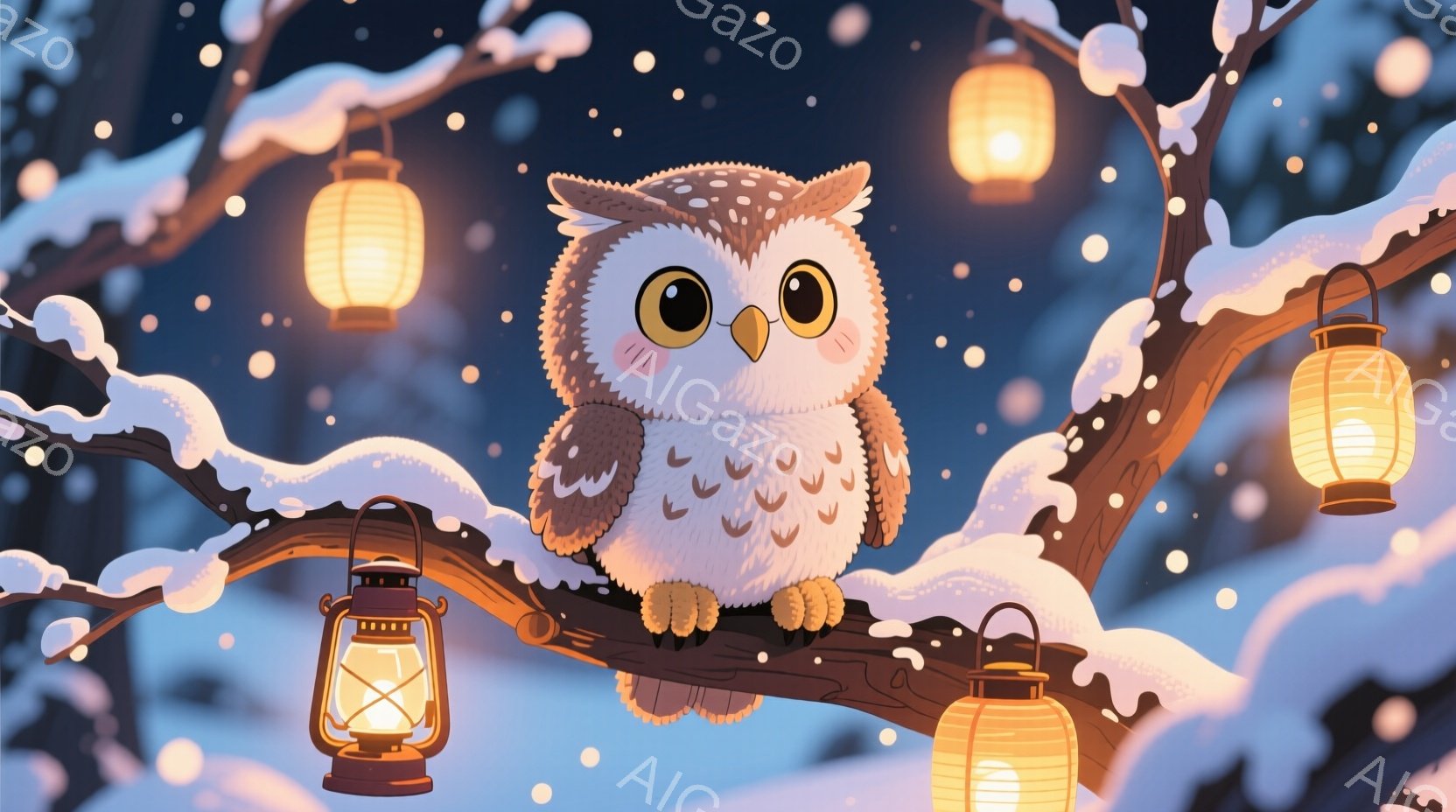 ふわふわとした白いフクロウが、雪の積もった木の枝に座っています。大きな丸い目と小さな黄色い鼻を持ち、わずかに微笑んでいるように見えます。背景には、暖かく光るランタンがいくつか吊るされ、雪が舞う冬の夜の穏やかな雰囲気を醸し出しています。
