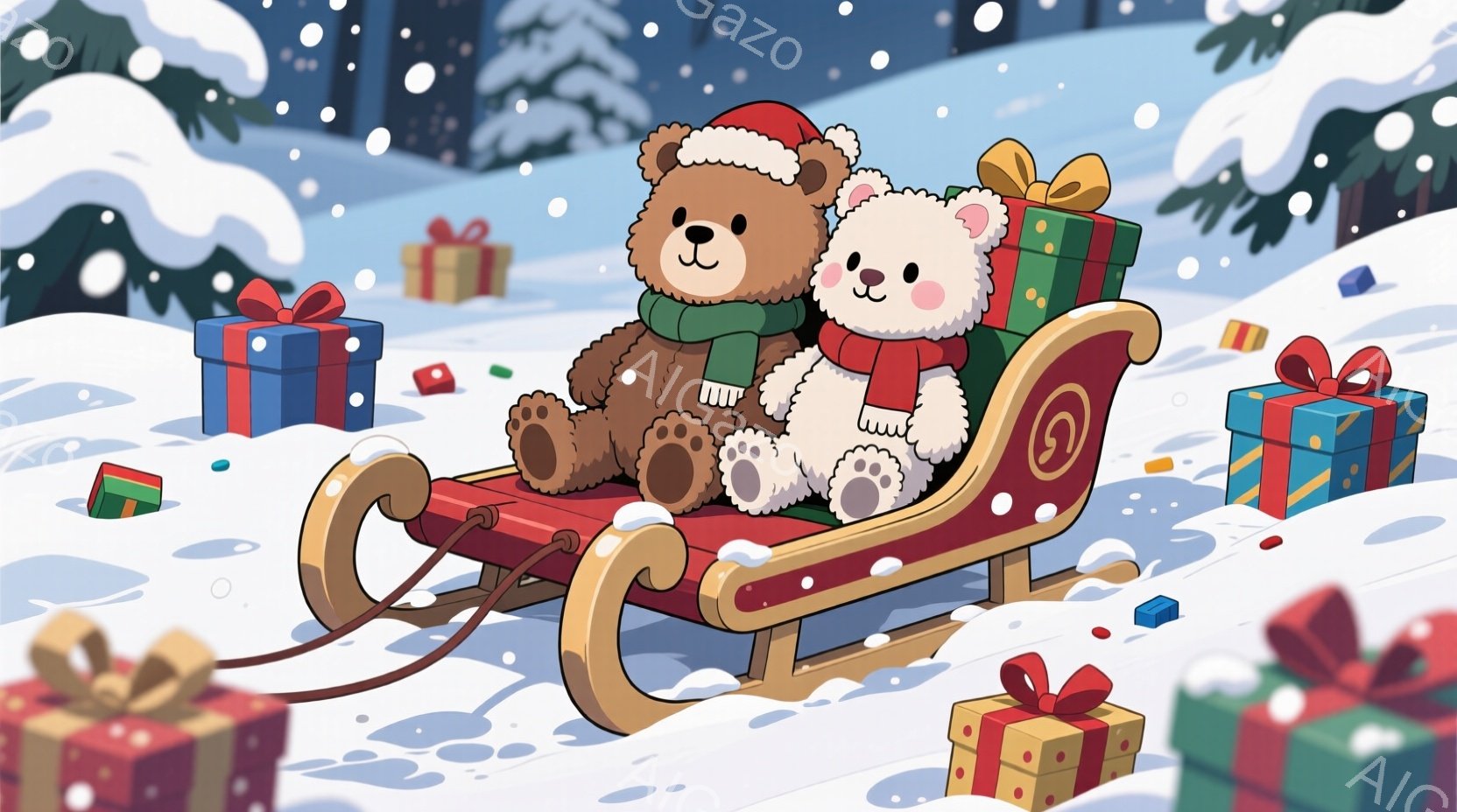 雪景色の中に、赤いそりにクマのぬいぐるみたちが座っています。茶色のクマは赤い帽子と緑のマフラーを身に着け、白いクマは白い帽子とマフラーで暖かく、それぞれ穏やかな表情を浮かべています。背景には、雪に覆わ - AI生成フリー素材