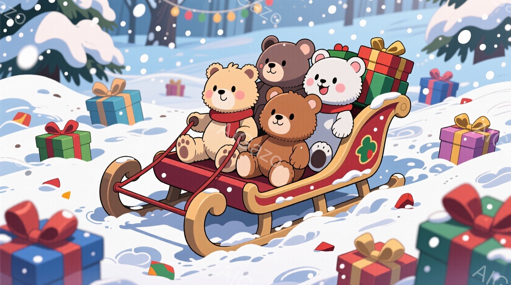 雪の上にソリに乗ったクマの家族が描かれています。それぞれ赤いマフラーを巻いており、一番前のクマは少し顔を覗かせています。背景には雪景色とプレゼントの箱が散らばっており、クリスマスの温かく楽しい雰囲気が - AI生成フリー素材