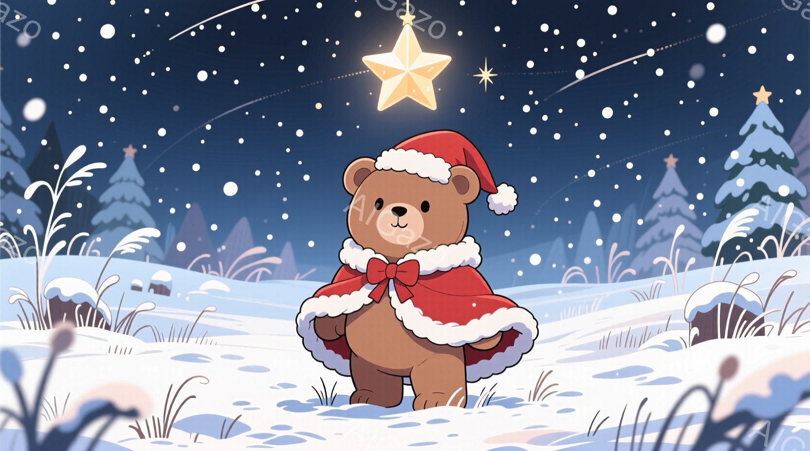 茶色のクマが赤いサンタクロースのケープと帽子を身につけて雪景色の中に立っています。クマは片手を腰に当てて、少し上目遣いで優しい表情をしています。背景には雪に覆われた木々が並び、夜空には星が輝き、雪が舞い散る幻想的な雰囲気です。
