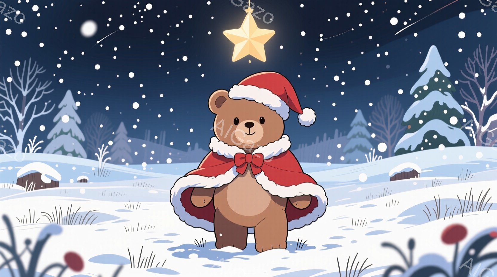 茶色のクマが赤いサンタの帽子と白い縁飾りのついた赤いケープを着ています。クマはまっすぐ前を見ていて、穏やかな表情をしています。背景には雪に覆われた木々と、遠くに小さな家々が見え、空には雪が降り積もり、星が輝いています。