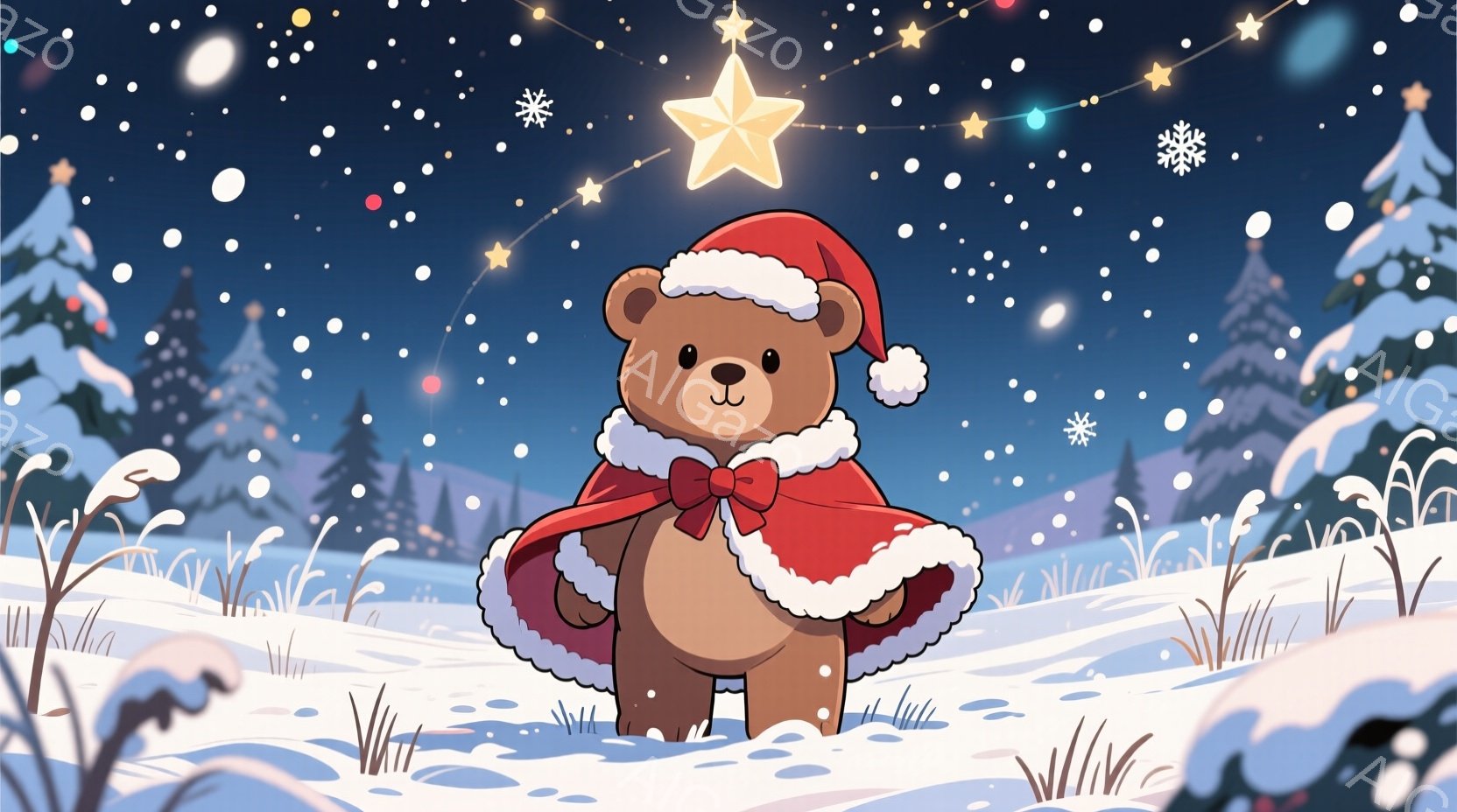 ぬいぐるみのようなクマが、赤いサンタ帽と赤いマントを身に着けて立っています。その表情は穏やかで、わずかに微笑んでいるように見えます。背景には雪景色が広がり、遠くに木々が見え、空には星や雪の結晶が散りば - AI生成フリー素材